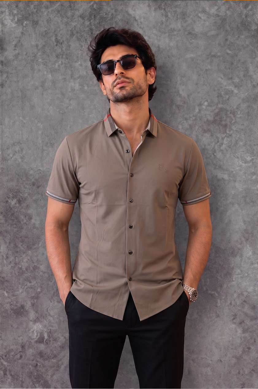 Burberry Men's Half Sleeve Dark Birch Brown Shirt