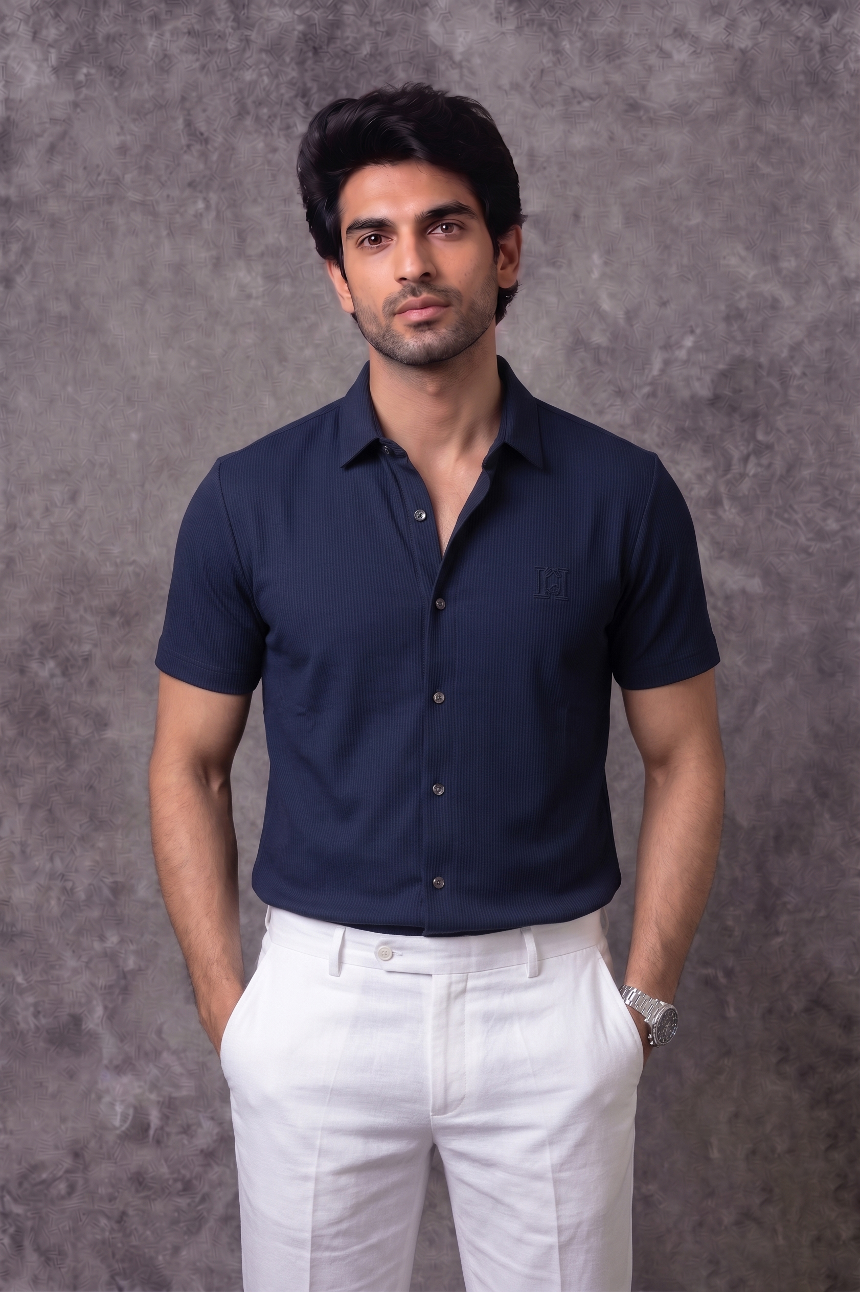 Hermes Navy Blue Half Sleeve Plain Shirt