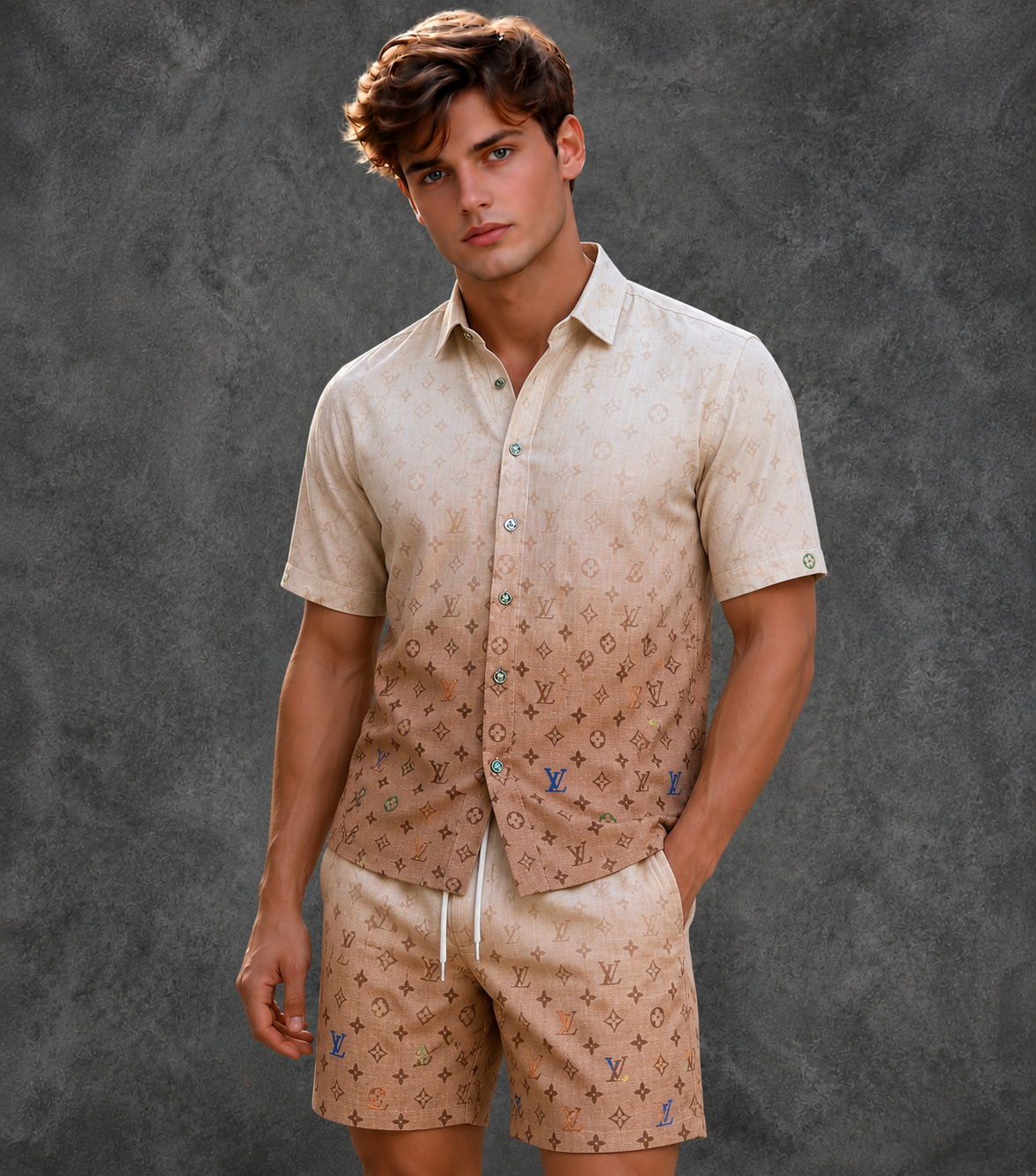 Men's Pastel Monogram Gradient Short-Sleeve Resort Shirt and Drawstring Shorts Set