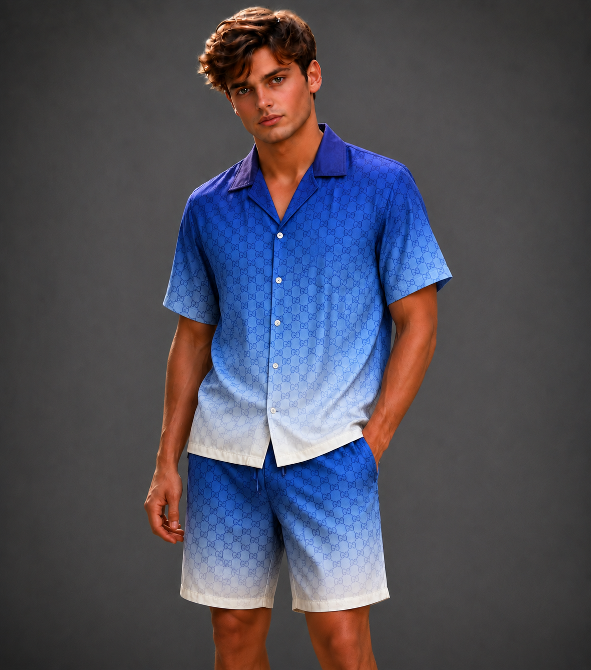 Men's Blue and White Ombre Interlocking Logo Short-Sleeve Resort Shirt and Shorts Set