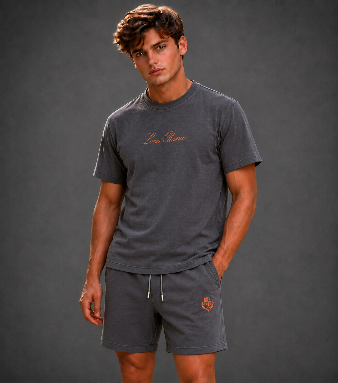Men's Washed Charcoal Cotton T-Shirt and Drawstring Sweatshorts Lounge Set