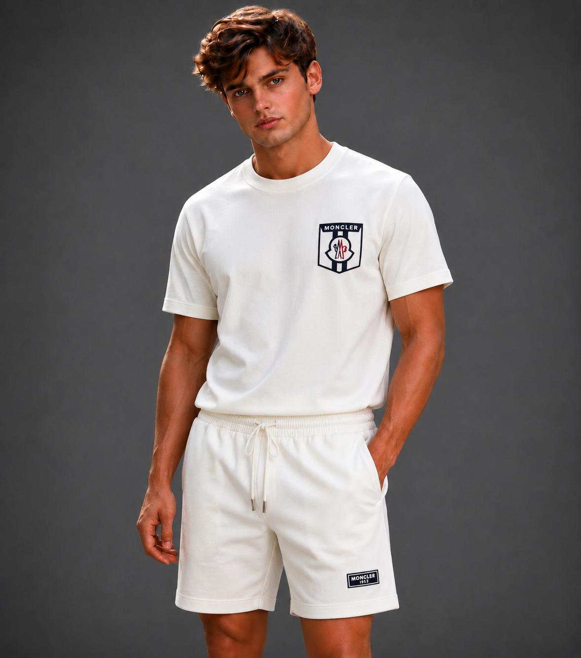 Men's Off-White Cotton Crewneck T-Shirt and Drawstring Sweatshorts Lounge Set