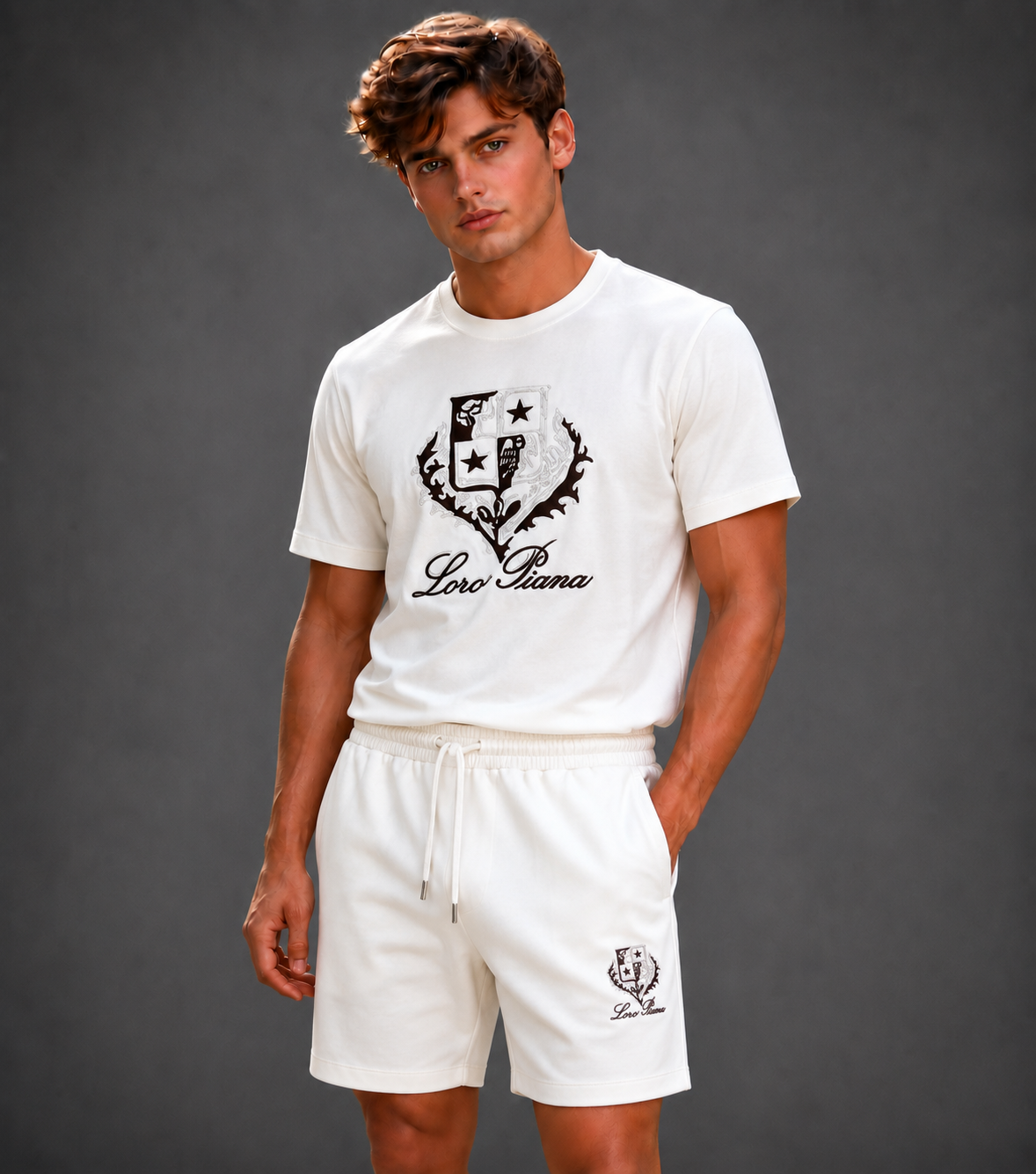 Men's Off-White Graphic Crest Cotton T-Shirt and Drawstring Sweatshorts Lounge Set
