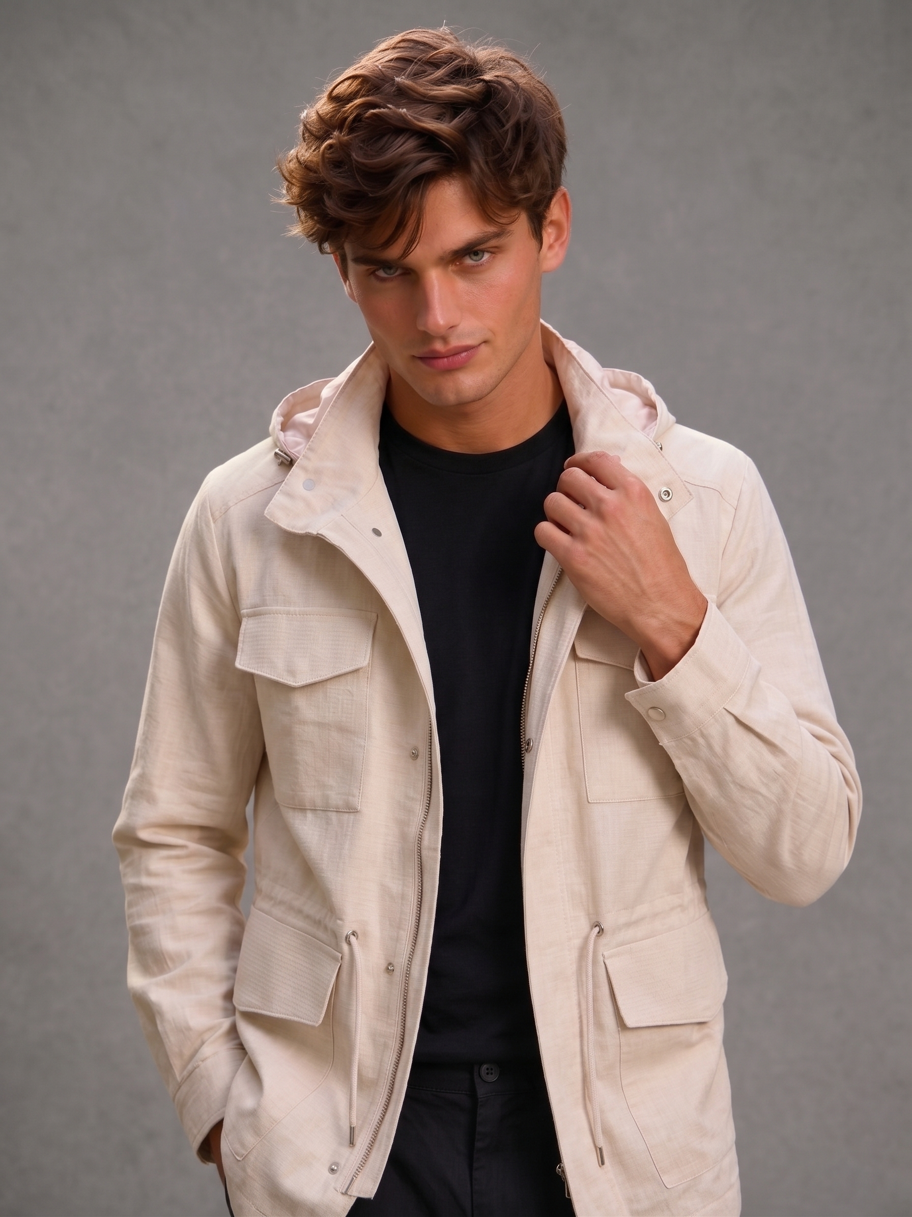 Men's Beige Hooded Linen Field Jacket