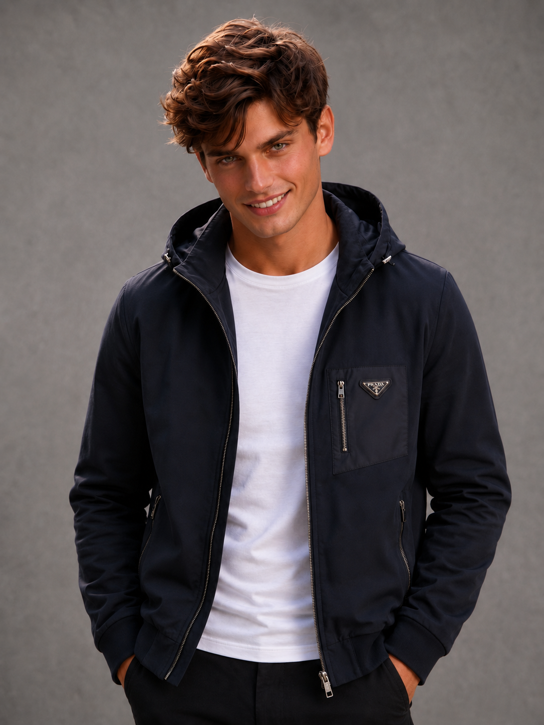 Men's Navy Water-Resistant Hooded Bomber Jacket