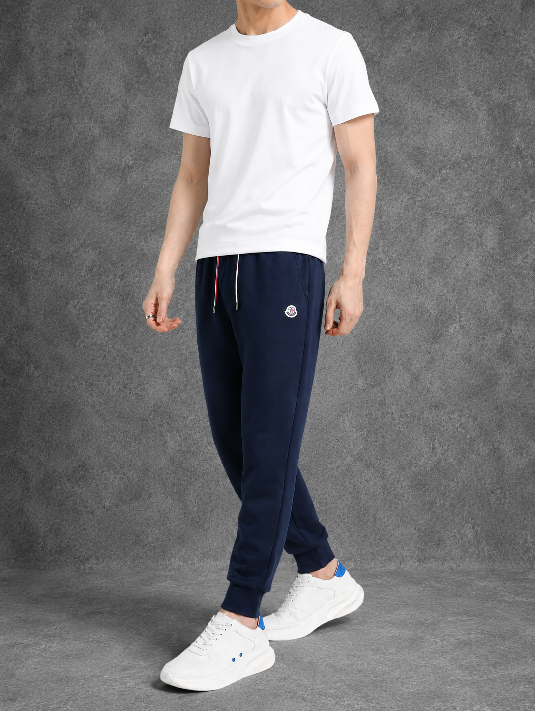 Men's Navy Blue Cotton Slim-Fit Tricolor Trim Joggers
