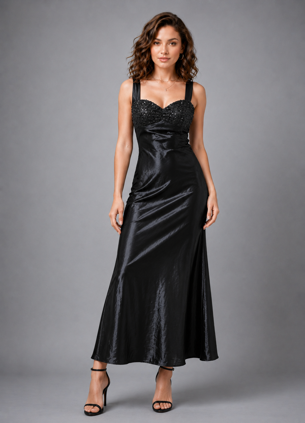 Women's Sweetheart Neck Black Liquid Satin Maxi Dress