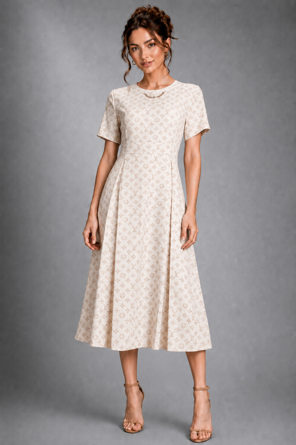 Women's Short Sleeve Monogram Print Pleated A-Line Midi Dress