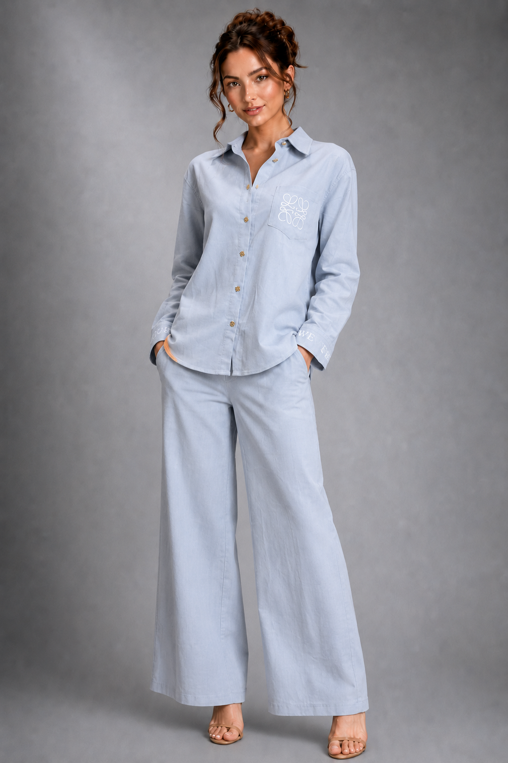 Women's Loose-Fit Embroidered Linen Pajama Shirt and Wide-Leg Pants Set