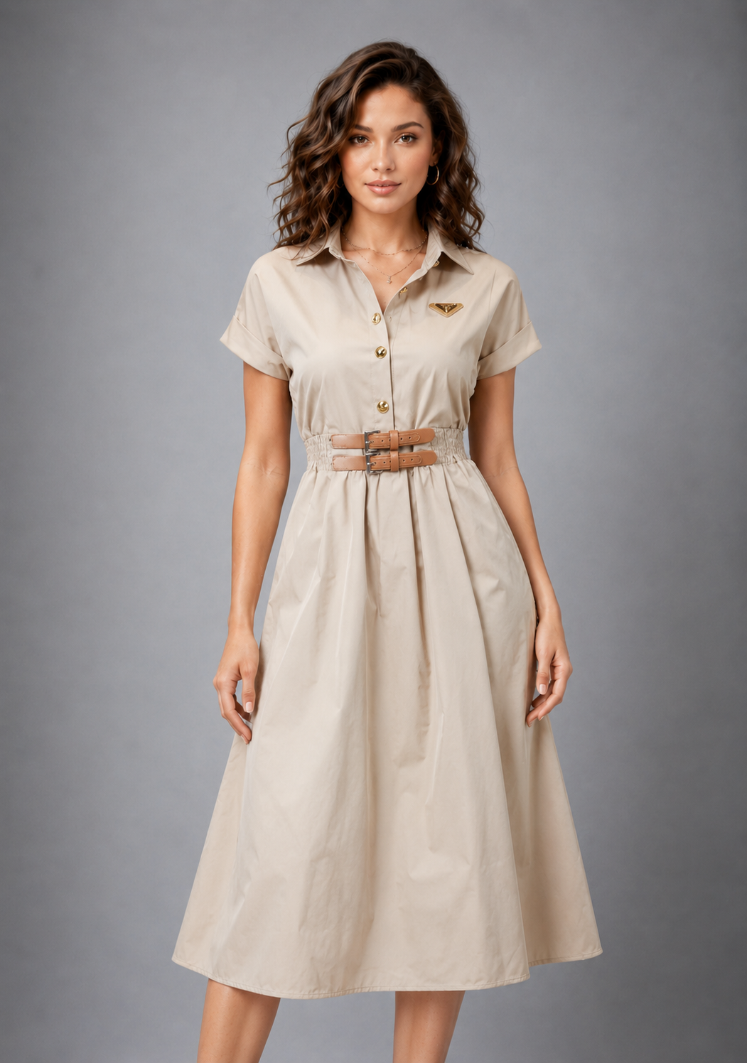 Women's Short Sleeve Khaki Cotton Mid-Length Shirt Dress