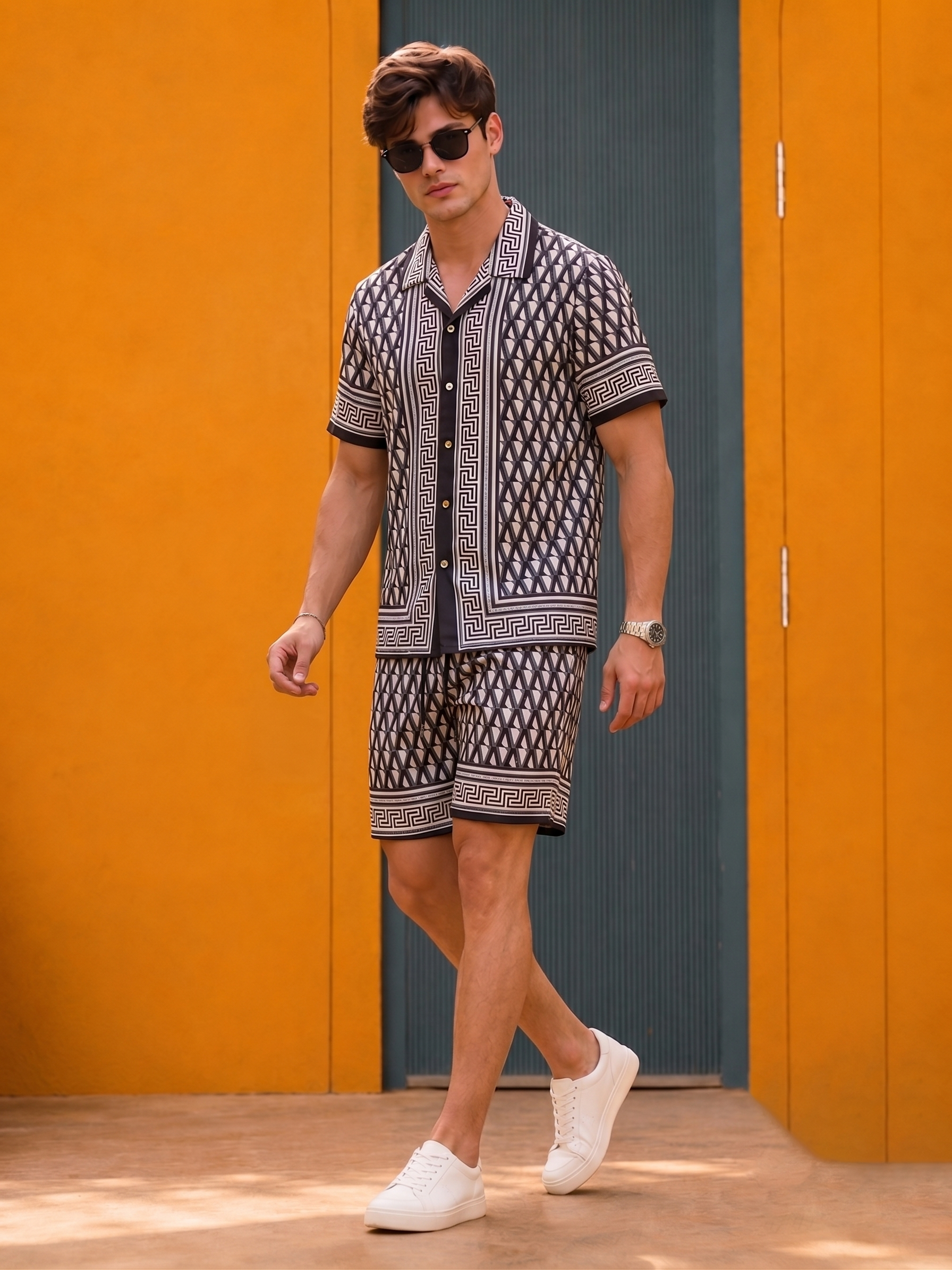Men's Geometric Diamond Lattice Short-Sleeve Cuban Shirt and Shorts Co-ord Set