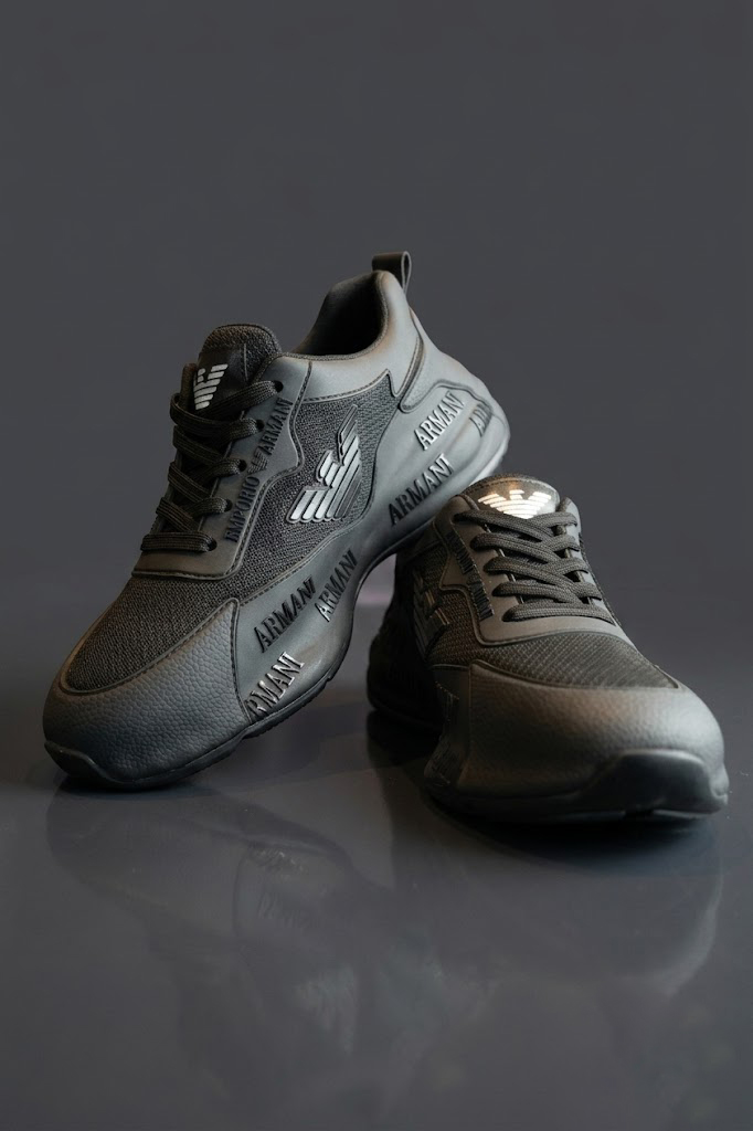 Emporio Armani Men's Black Mesh and Leather Chunky Sneakers