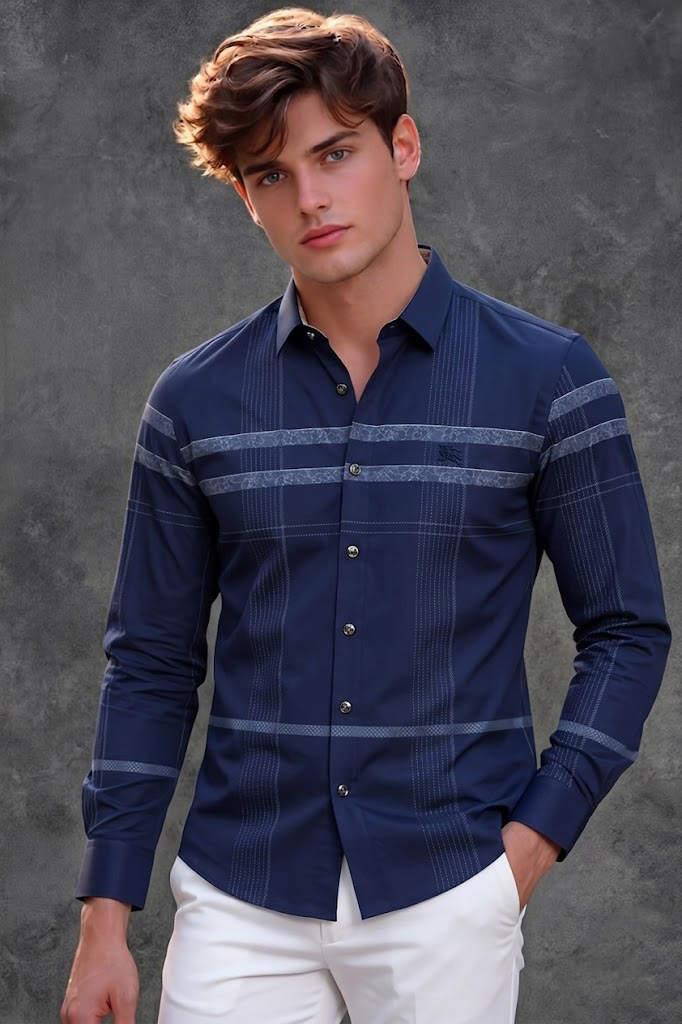 Burberry Men's Navy Striped Casual Shirt