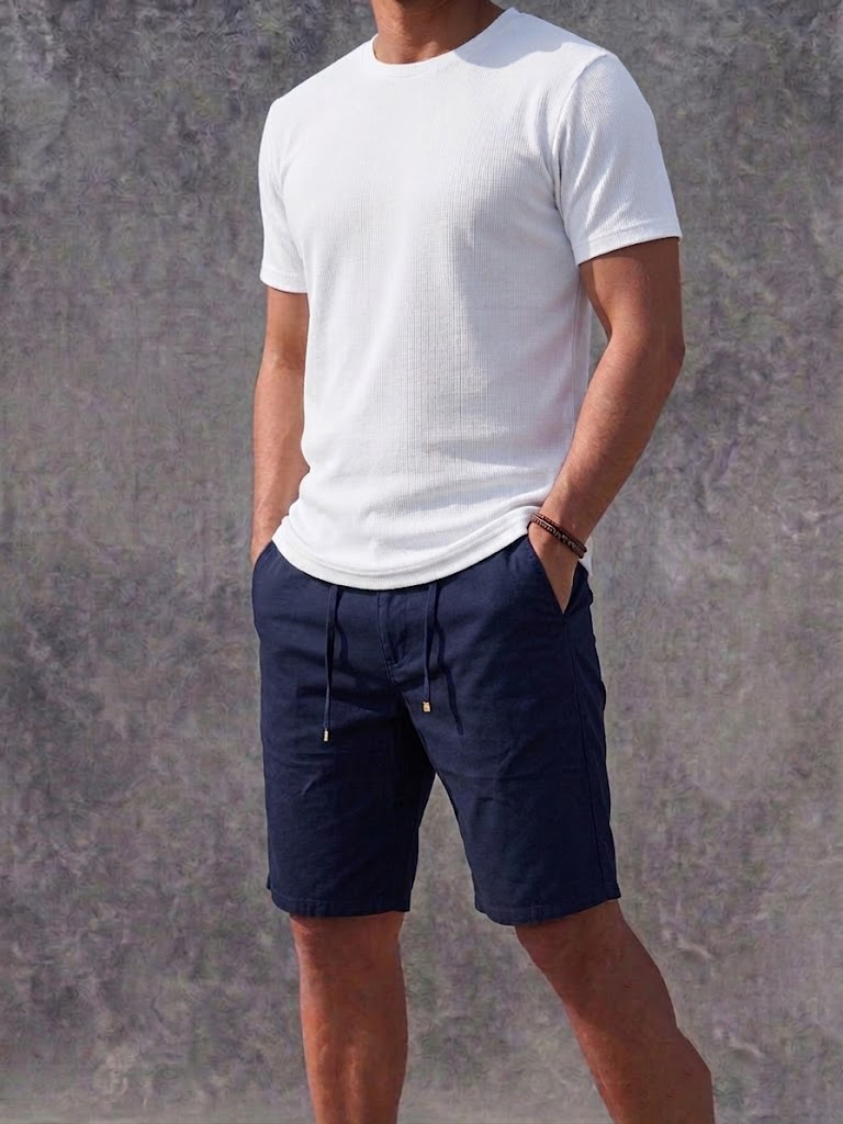 Men's Navy Blue Linen Drawstring Casual Shorts