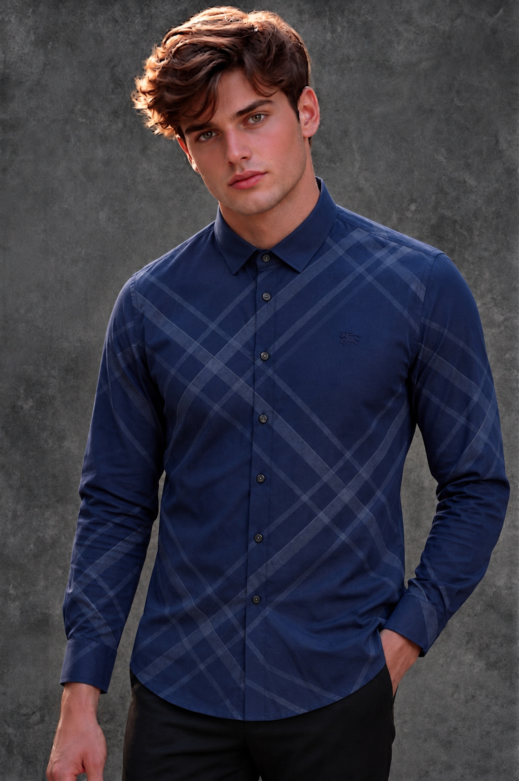 Burberry Men's Navy Checkered Casual Shirt