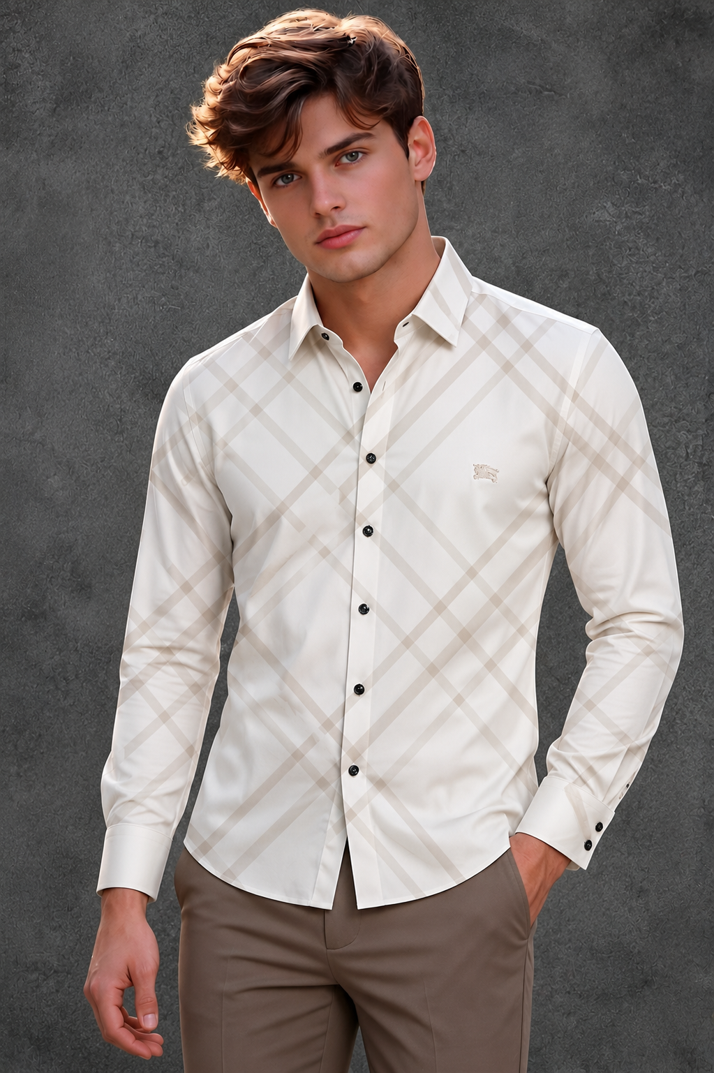 Burberry Men's Cream Checkered Casual Shirt