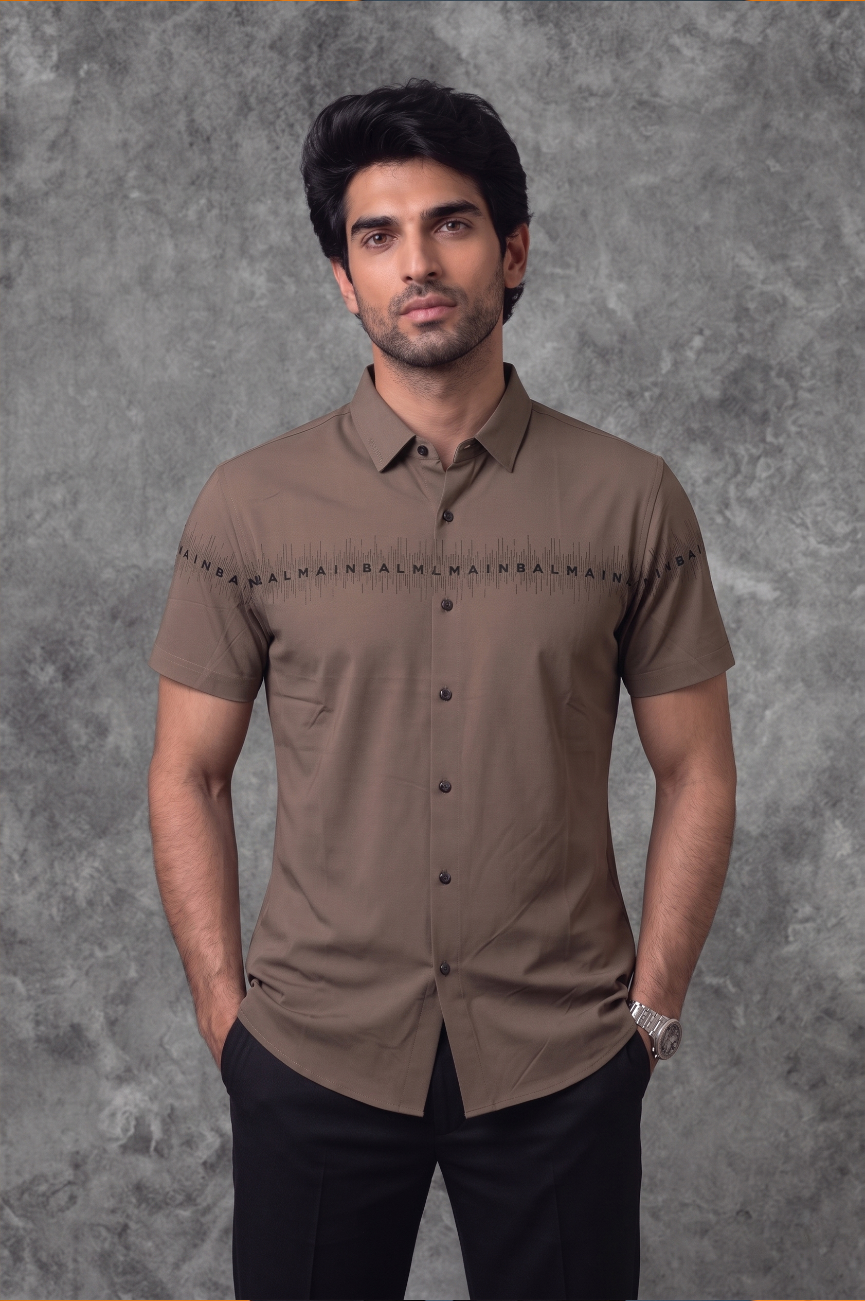 Balmain Men's Half Sleeve Taupe Shirt