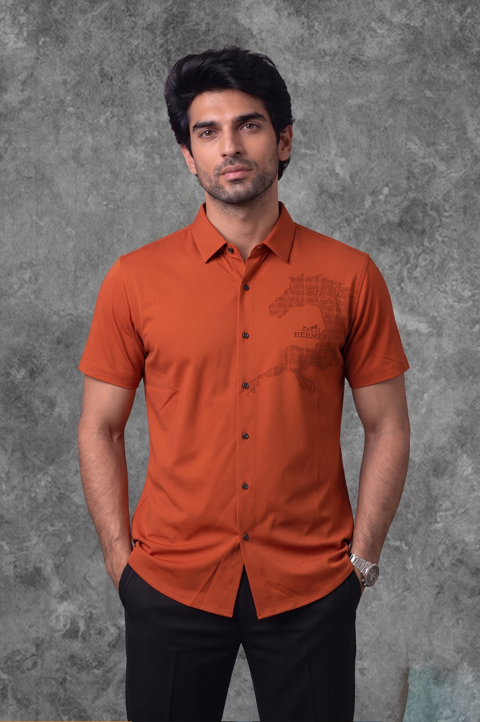 Hermes Men’s Half Sleeve Orange Shirt