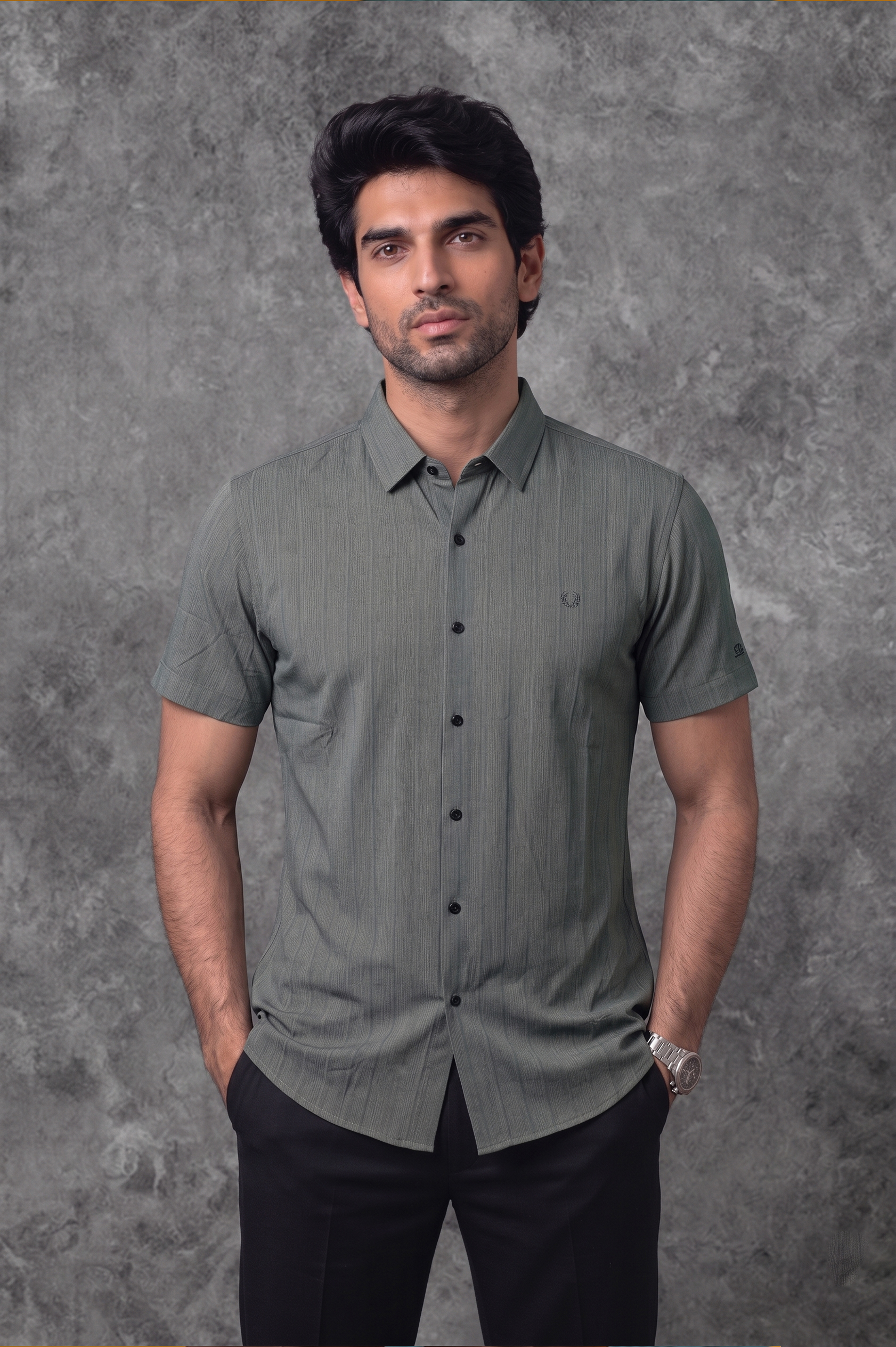 Giorgio Armani Men's Half Sleeve Charcoal Grey Shirt