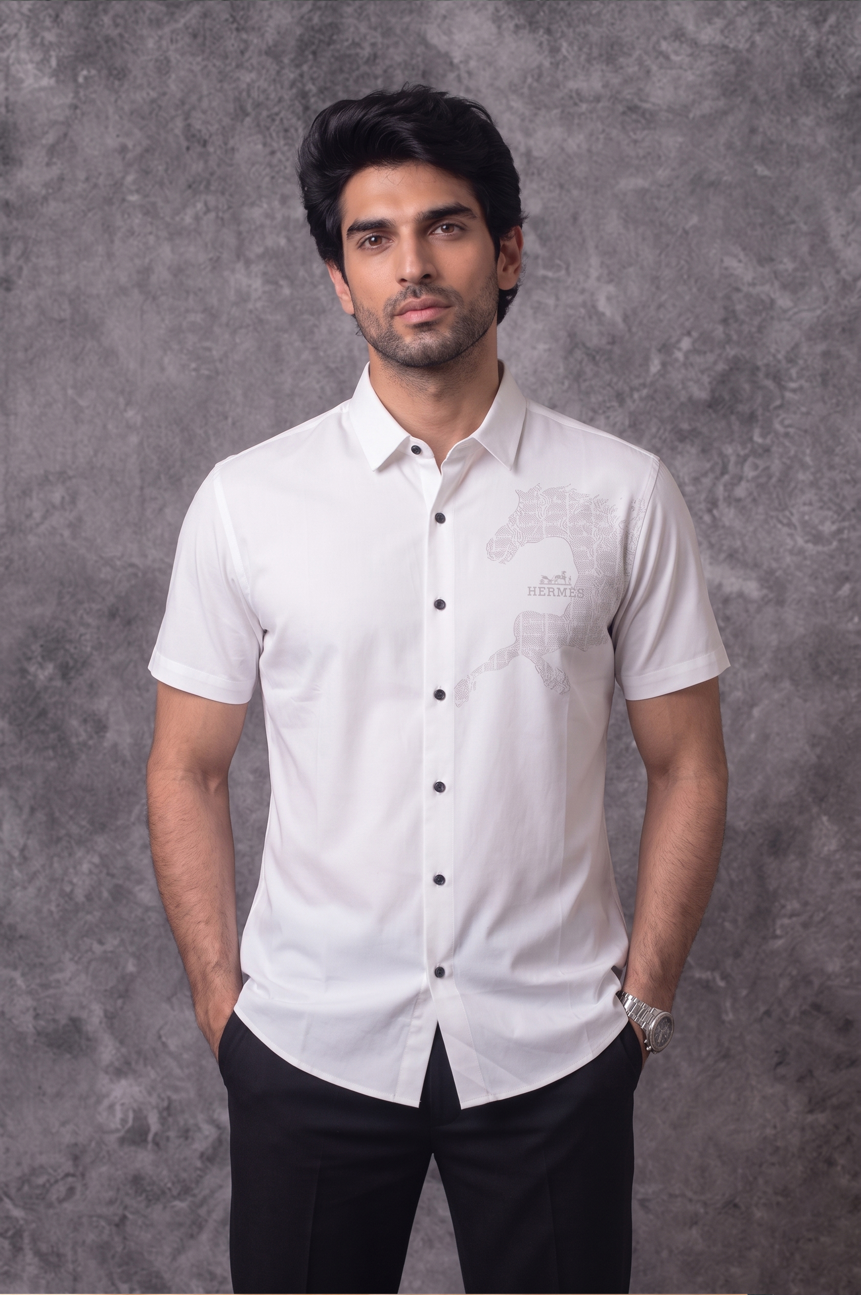 Hermes Men's Half Sleeve White Shirt