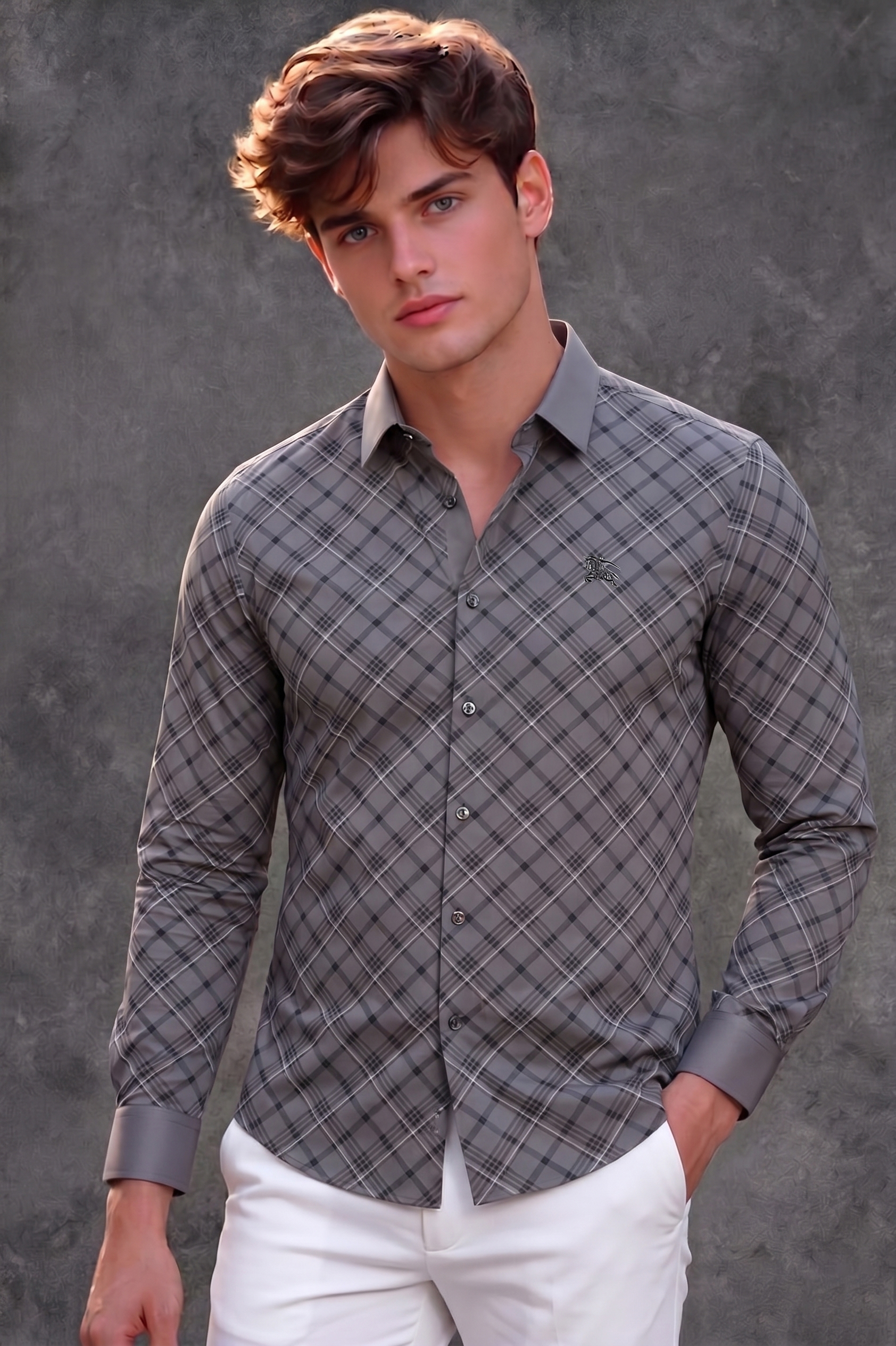 Burberry Men's Grey Checkered Casual Shirt