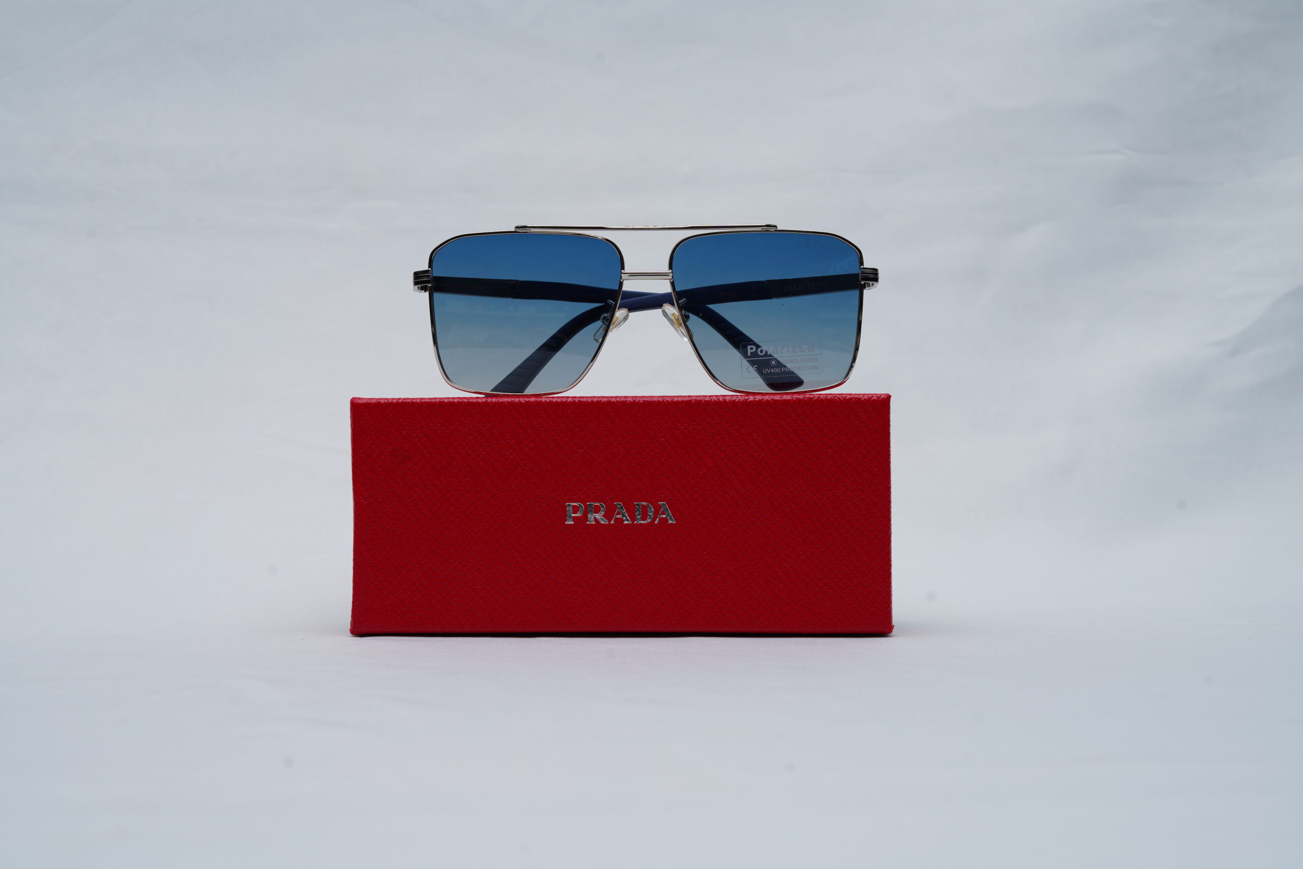 Prada Square Aviator Sunglasses in Silver Metal Frame and Blue Gradient Lenses