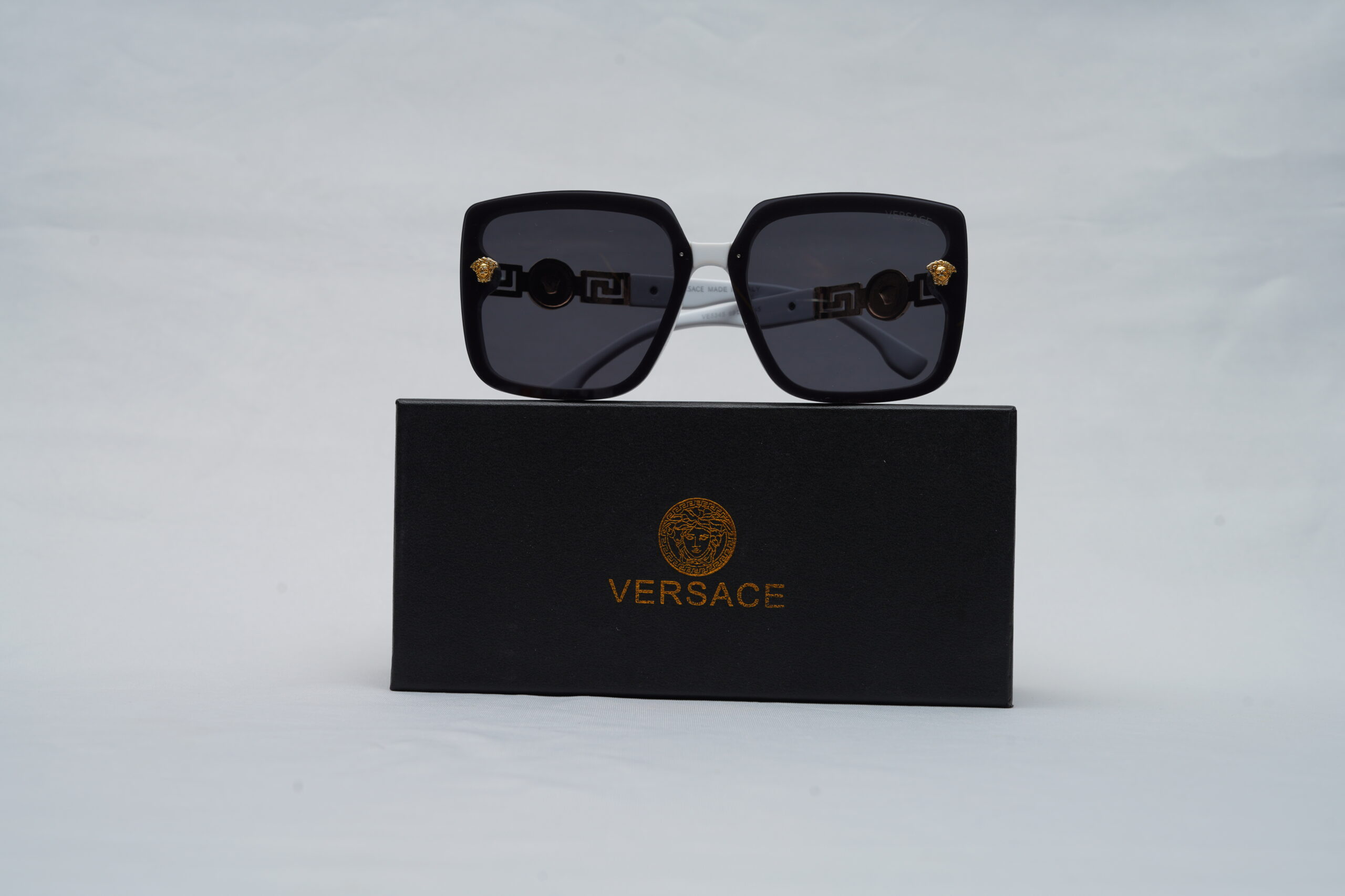 Versace Full-Rim Square Sunglasses – Black Acetate with Gold Medusa Greca Detailing
