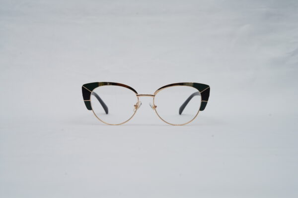 Prada Full-Rim Cat-Eye Eyeglasses – Gold Frame with Emerald Green Details