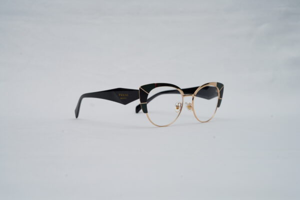Prada Full-Rim Cat-Eye Eyeglasses – Gold Frame with Emerald Green Details