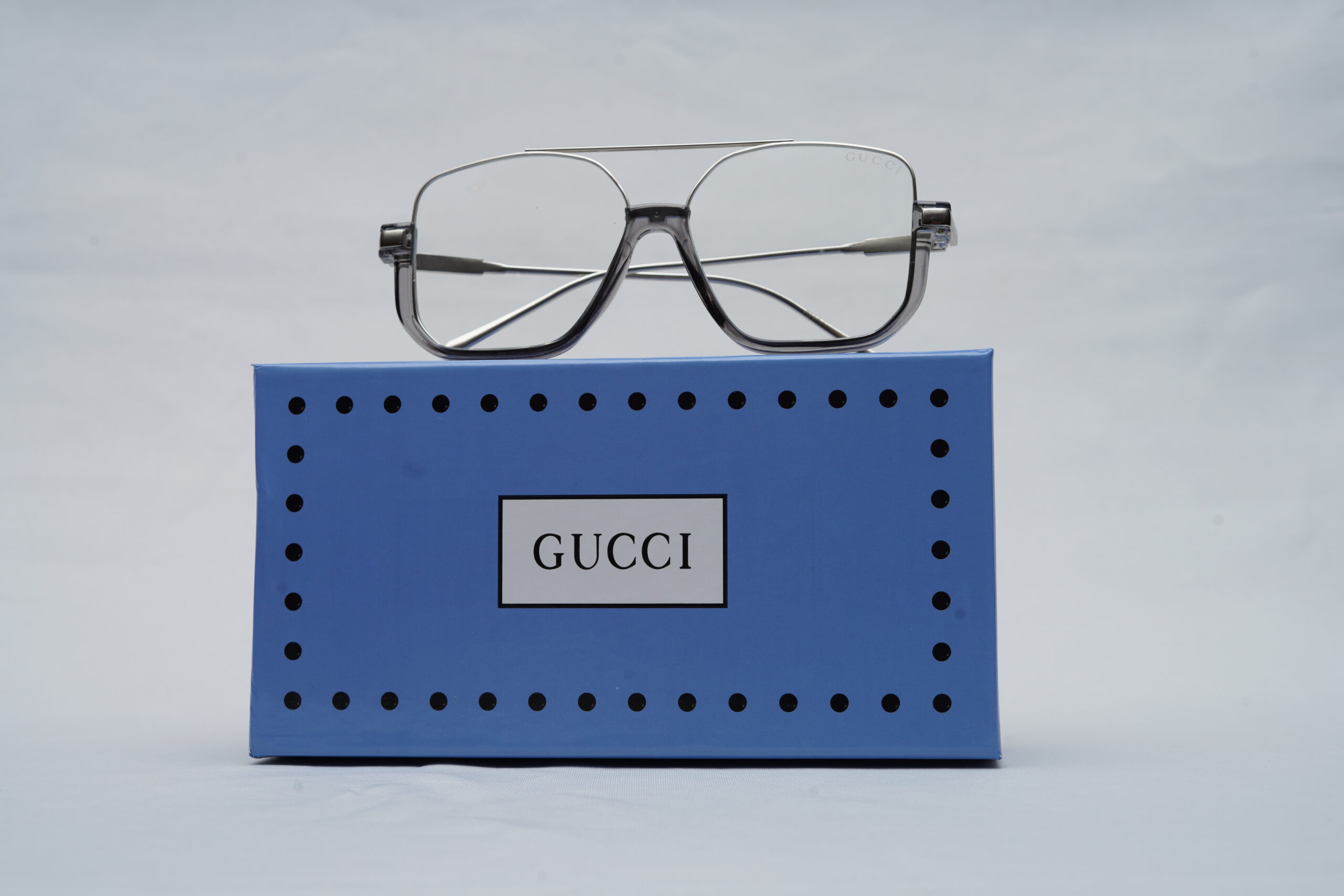 Gucci Full-Rim Navigator Eyeglasses – Translucent Grey Acetate with Silver Double-Bridge