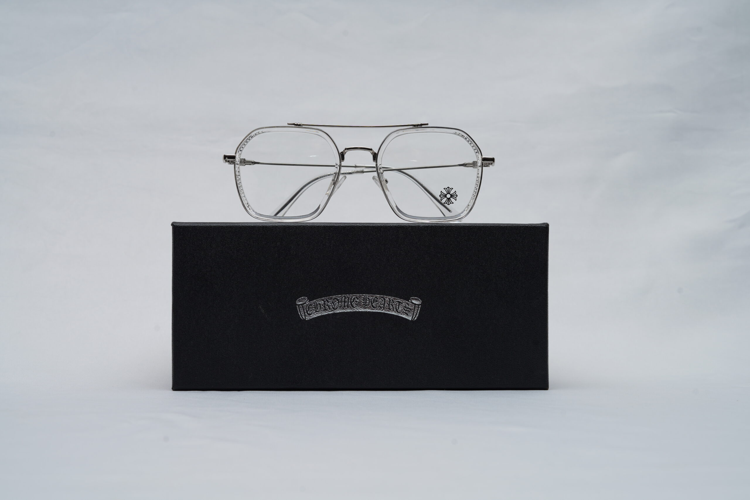 CHROME HEARTS Gothic Detail Double-Bridge Clear Frame Sunglasses