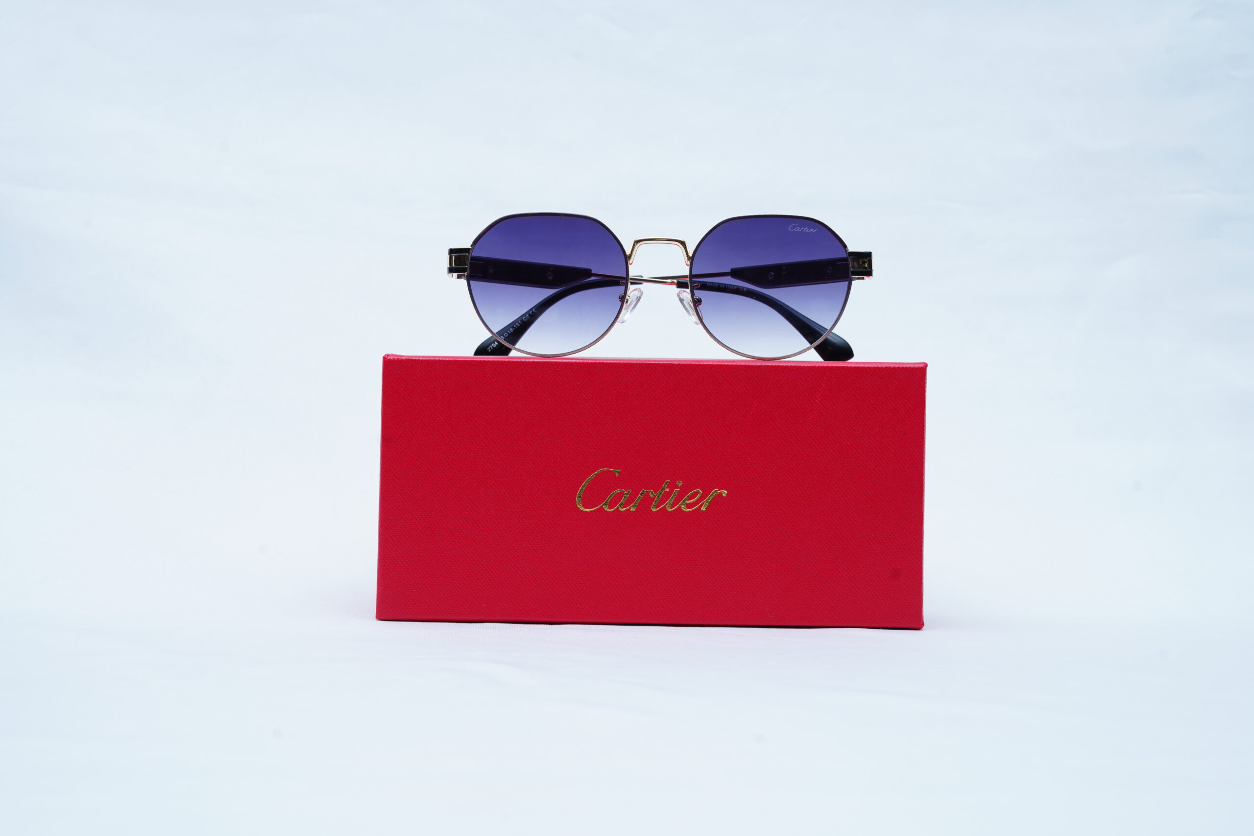 CARTIER Gold Wire Geometric Shades – Luxury Blue Gradient Sunglasses