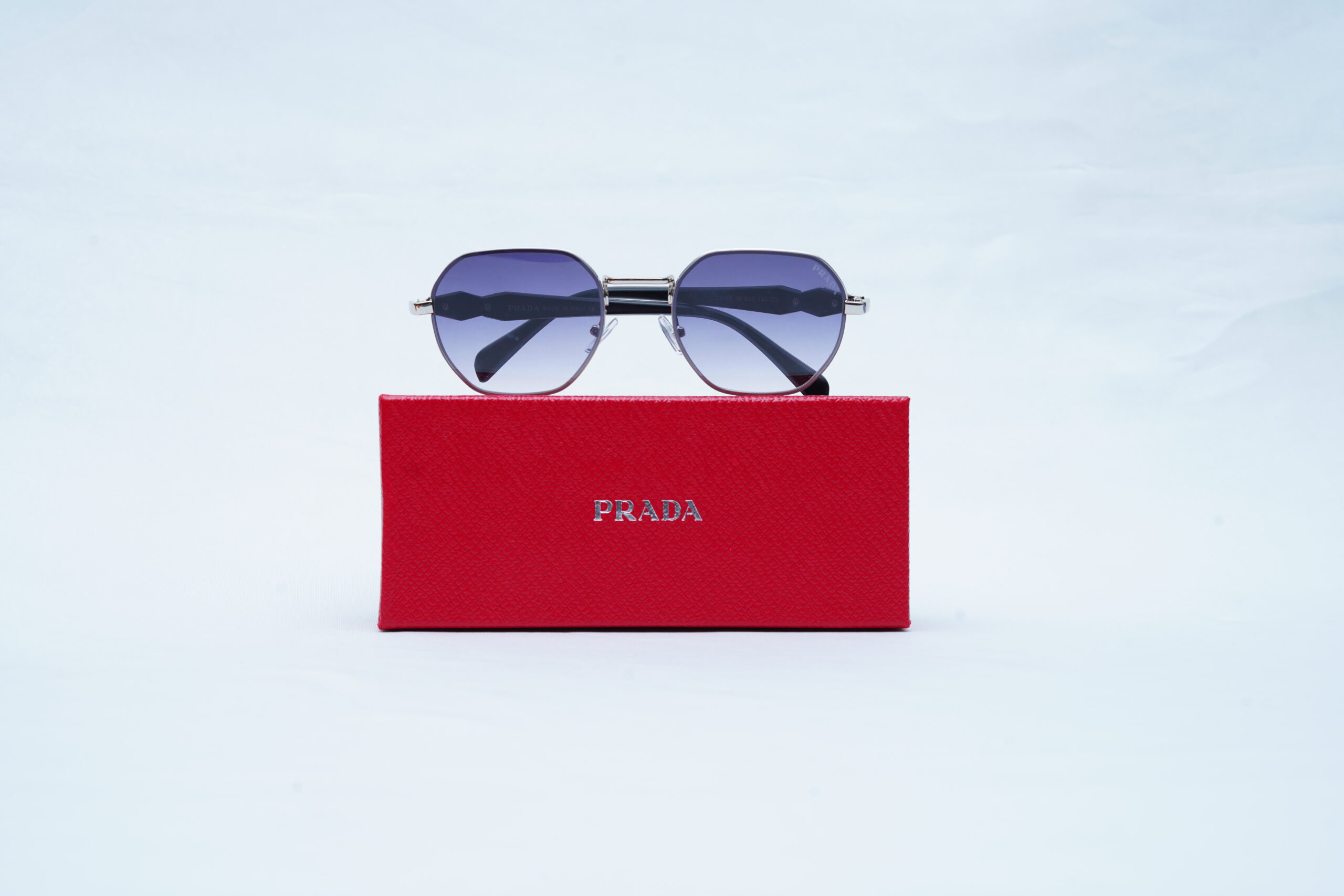 PRADA Silver Angular Pilot Shades – Luxury Blue Gradient Sunglasses