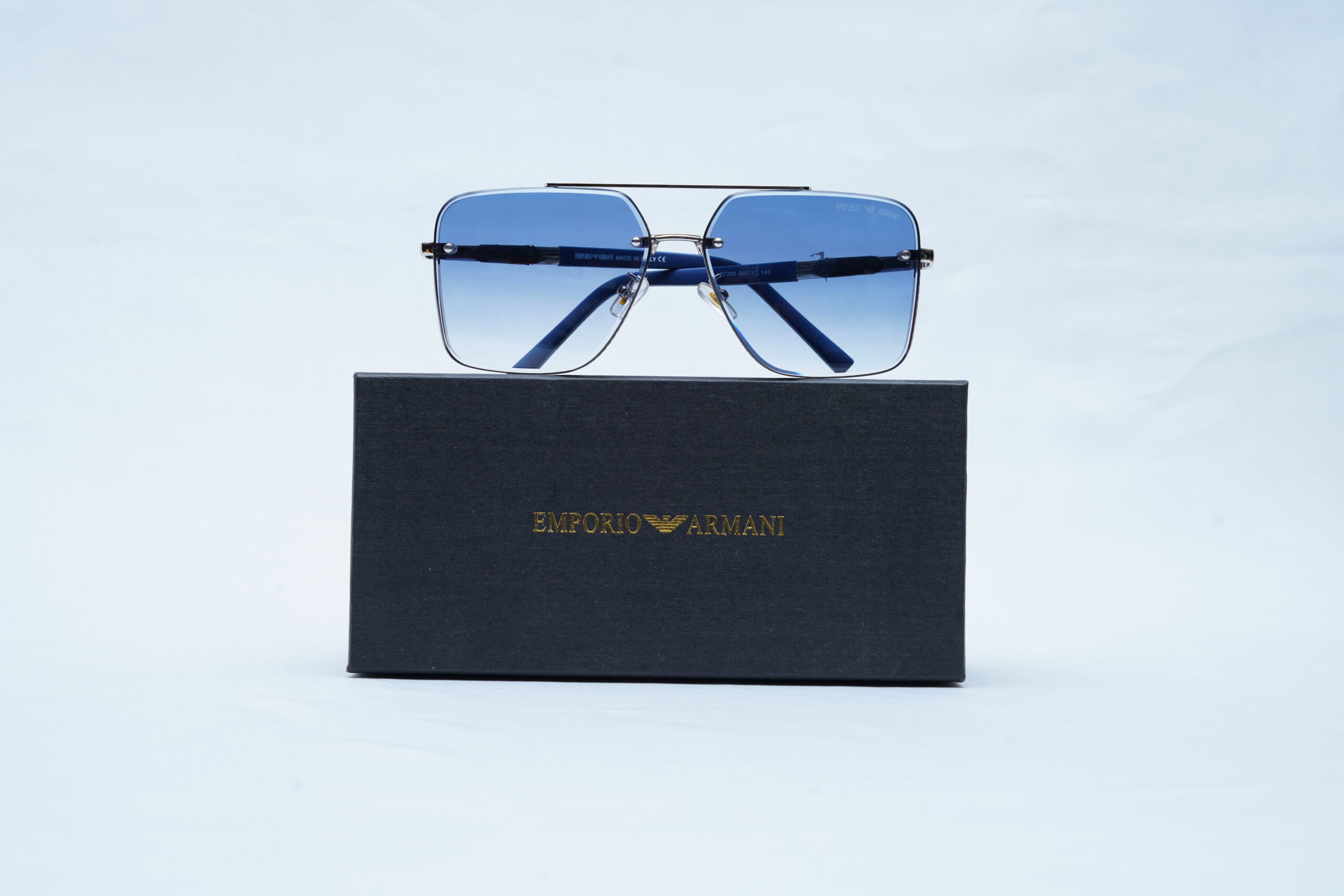EMPORIO ARMANI Dark Metal Angular Pilot Shades – Luxury Blue Gradient Sunglasses