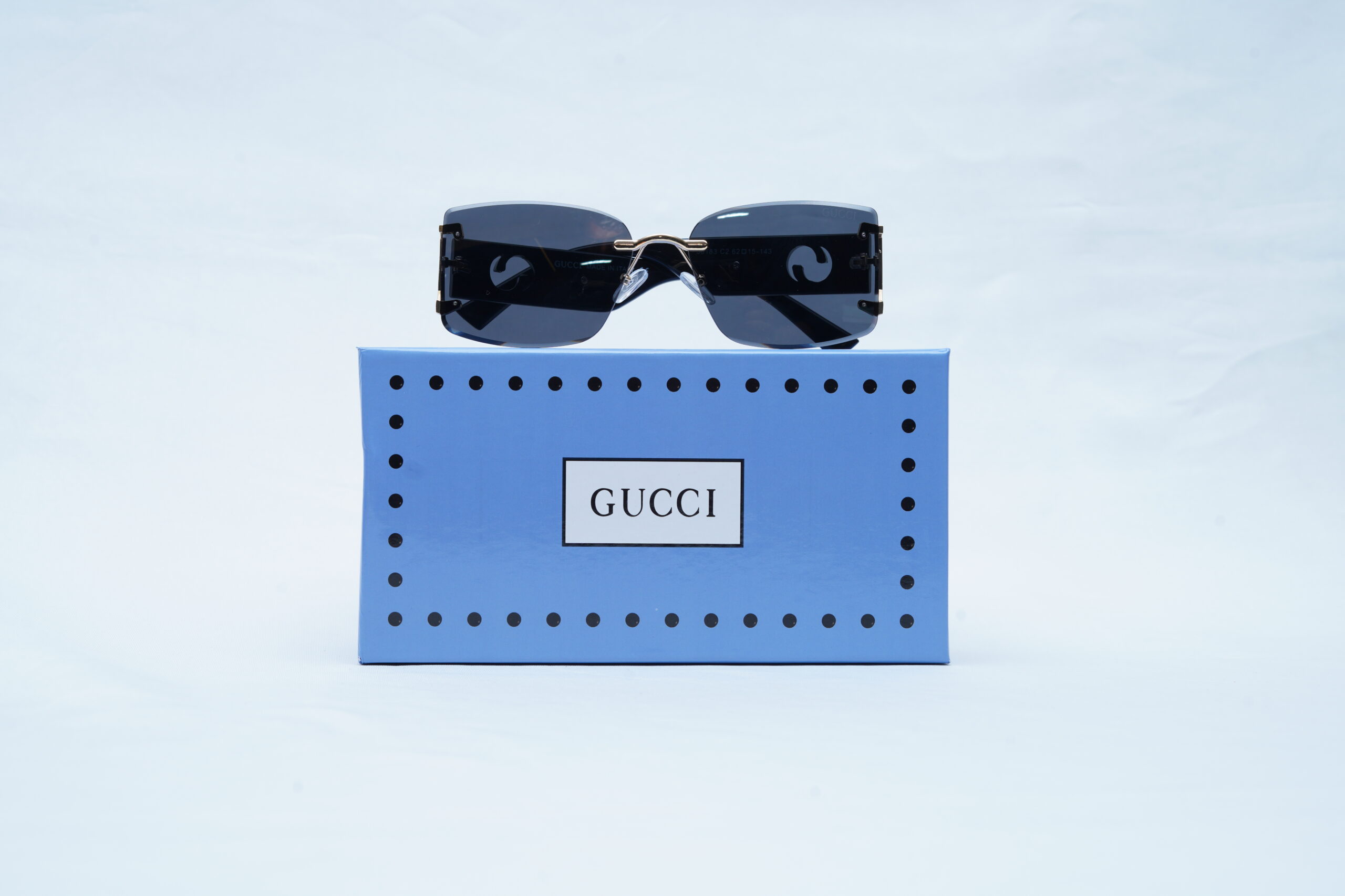 GUCCI Gold Hardware Rimless Rectangle Shades – Luxury Dark Tint Sunglasses