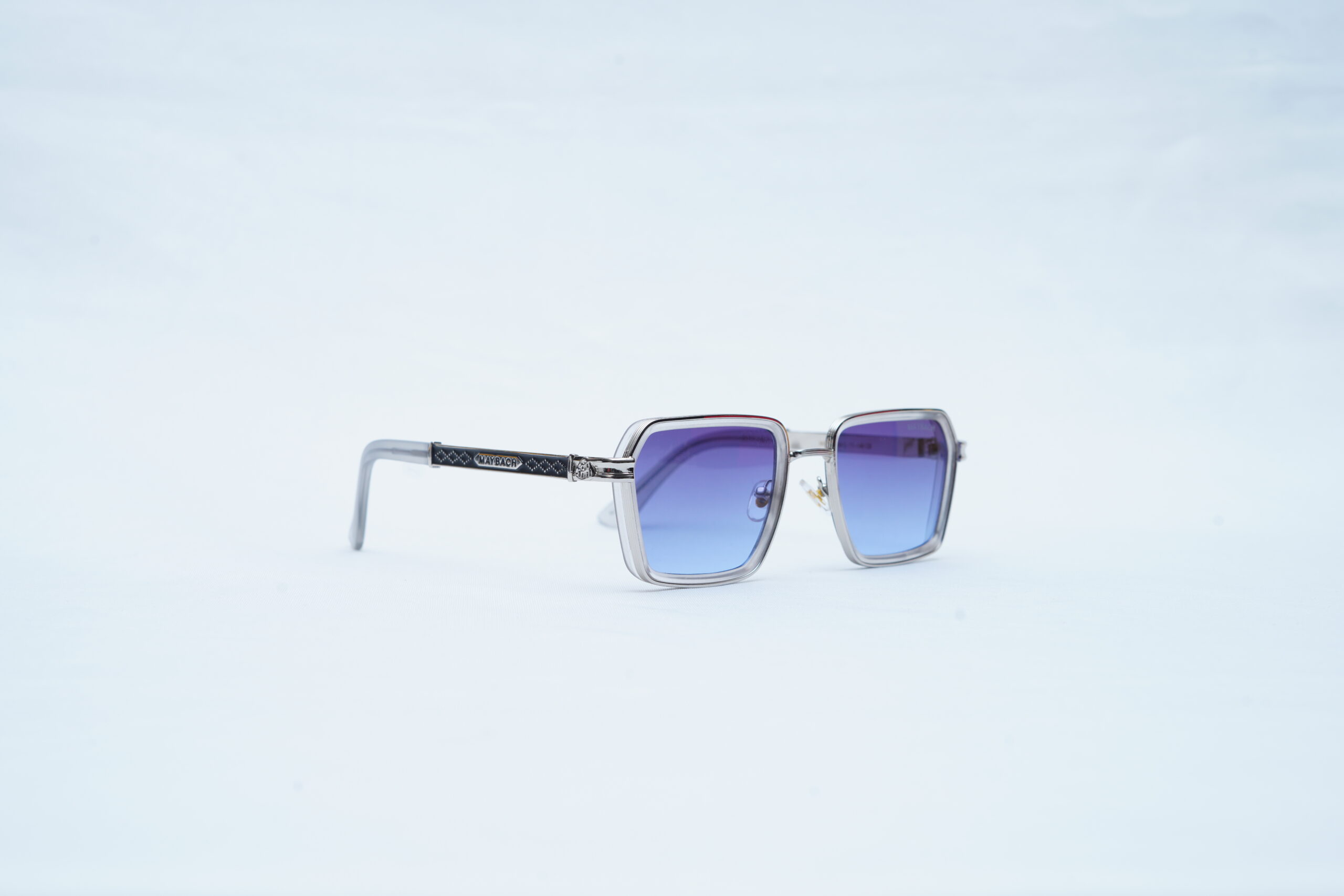 MAYBACH Silver Wire Angular Square Shades – Luxury Blue Gradient Sunglasses