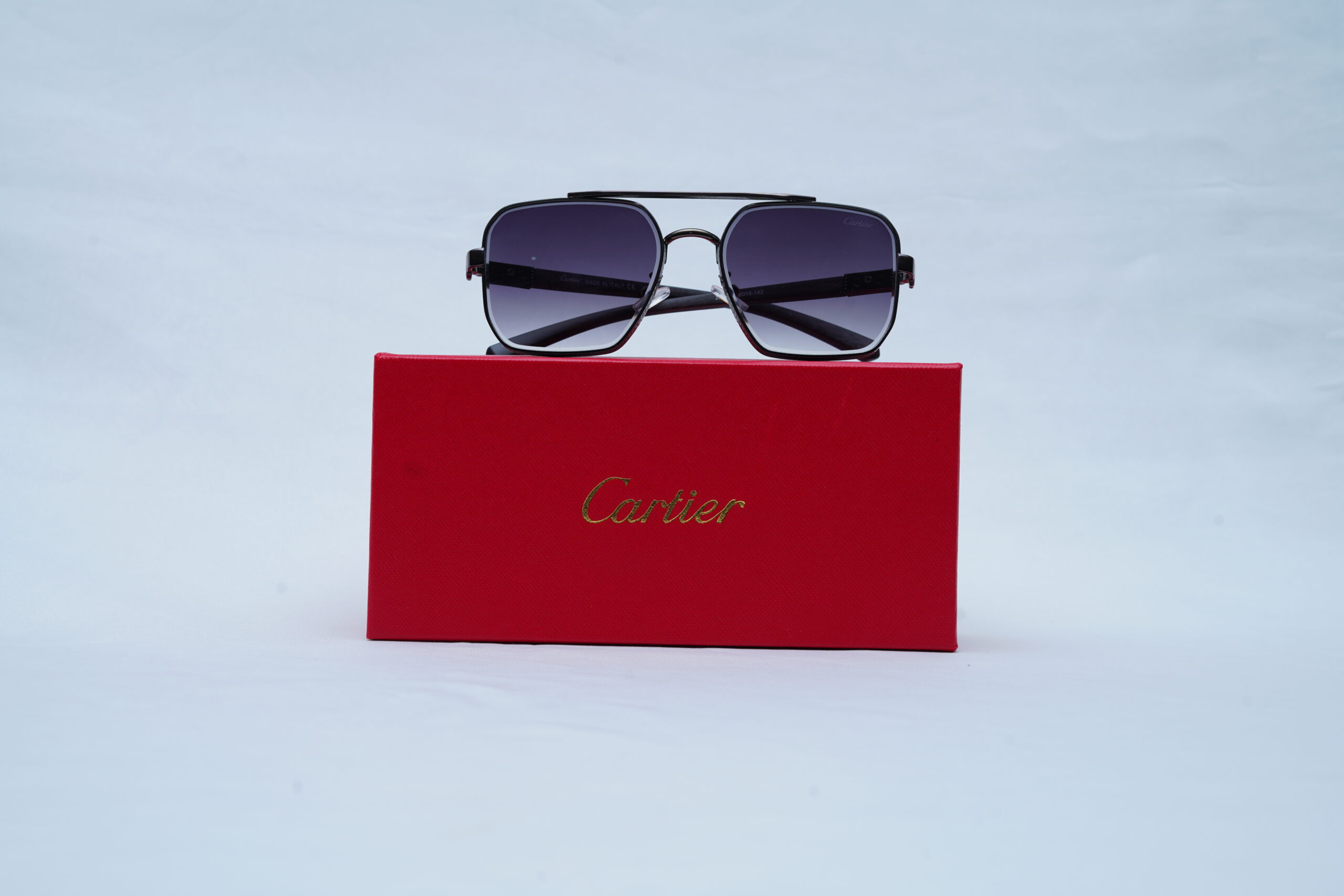 Cartier Square Aviator Sunglasses - Black Metal Double Bridge Frame with Gradient Grey Lenses