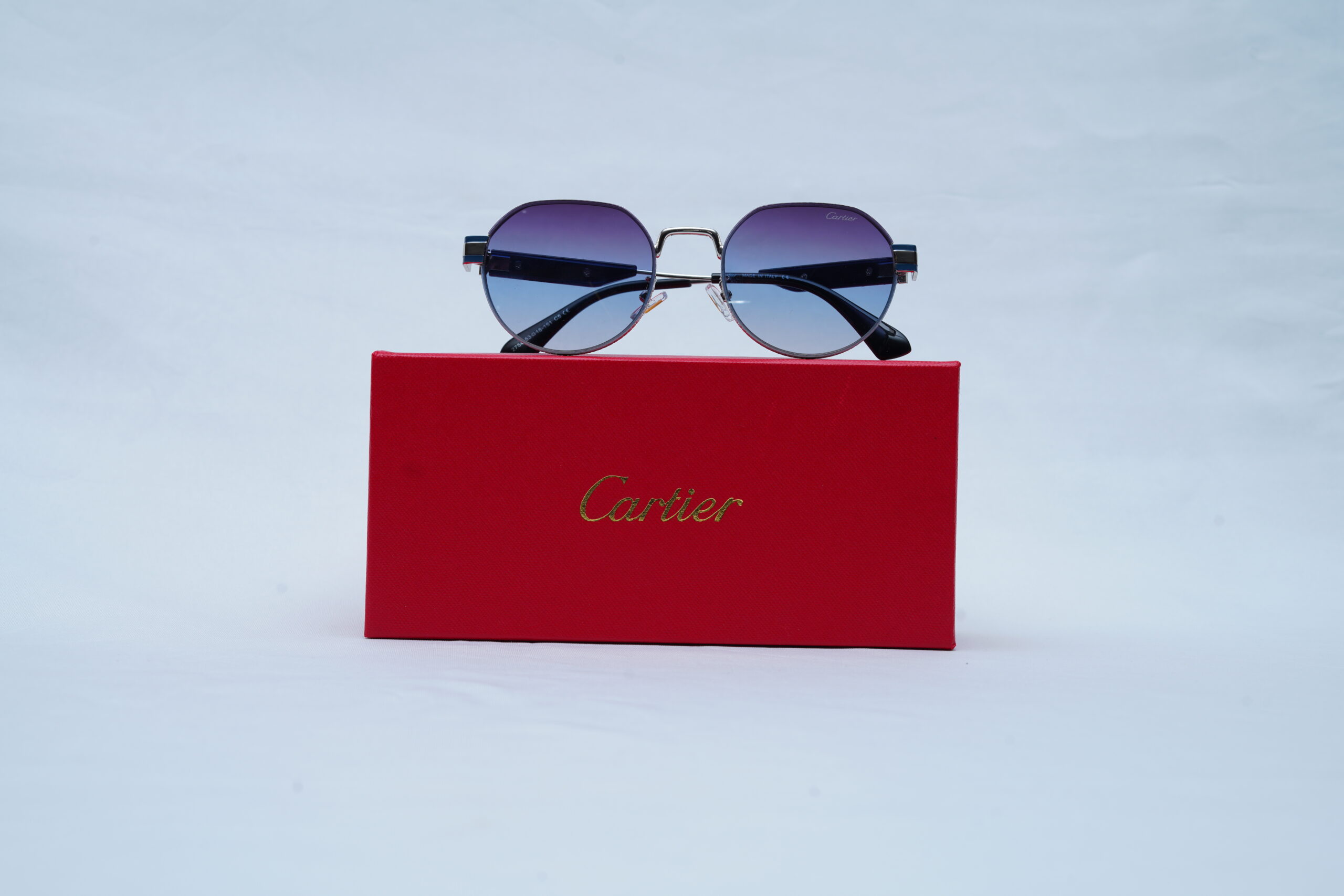 CARTIER Silver Wire Angular Round Shades – Luxury Blue Gradient Sunglasses