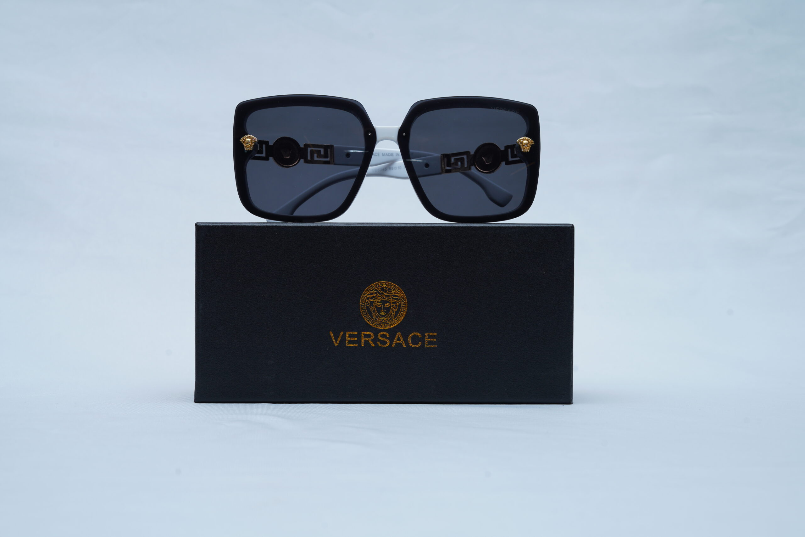 Versace Oversized Square Sunglasses - Black Frame with Gold Greca Details & Dark Lenses