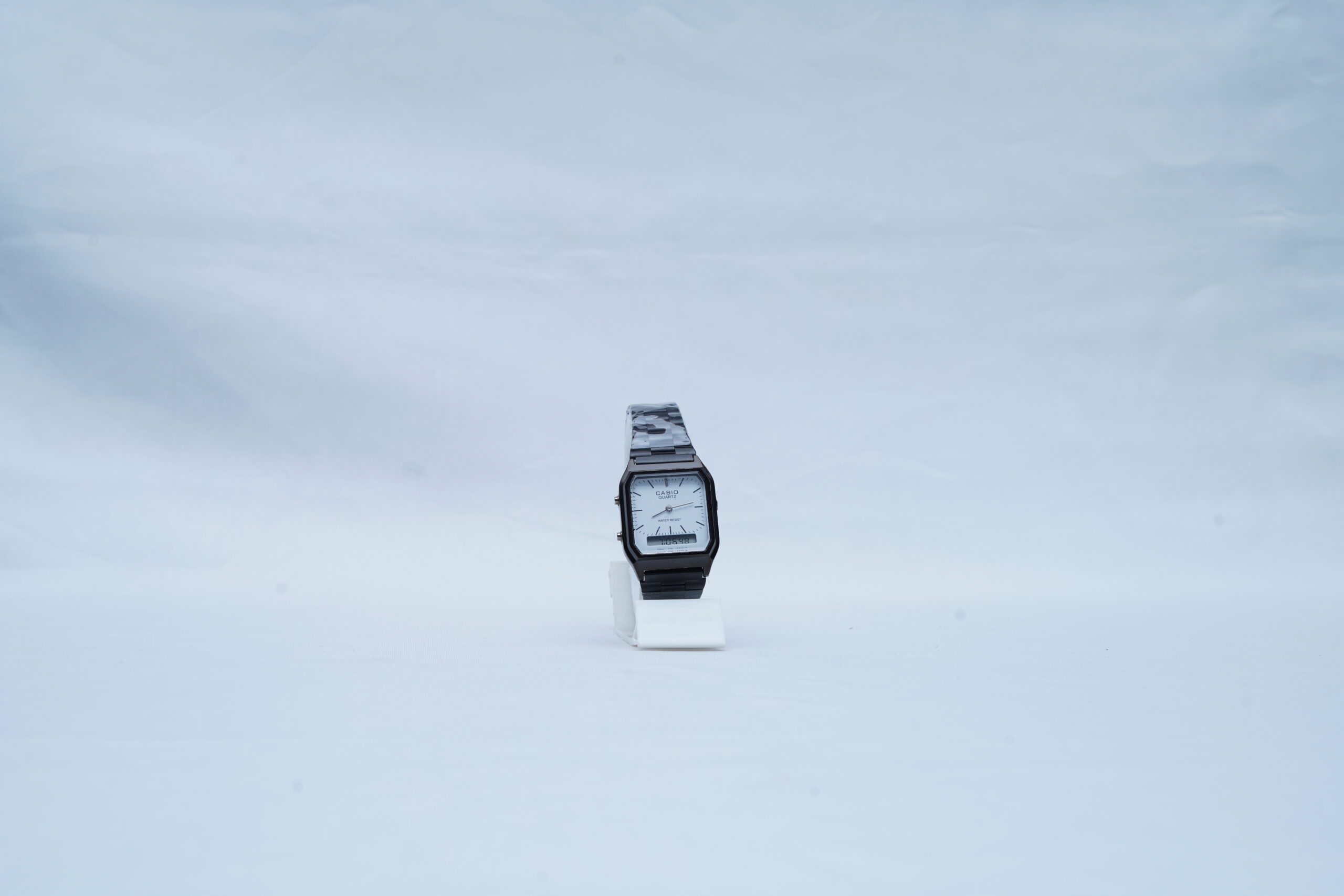 Casio Vintage Ana-Digi Square Watch - Black Metal Band with Minimalist White Dial