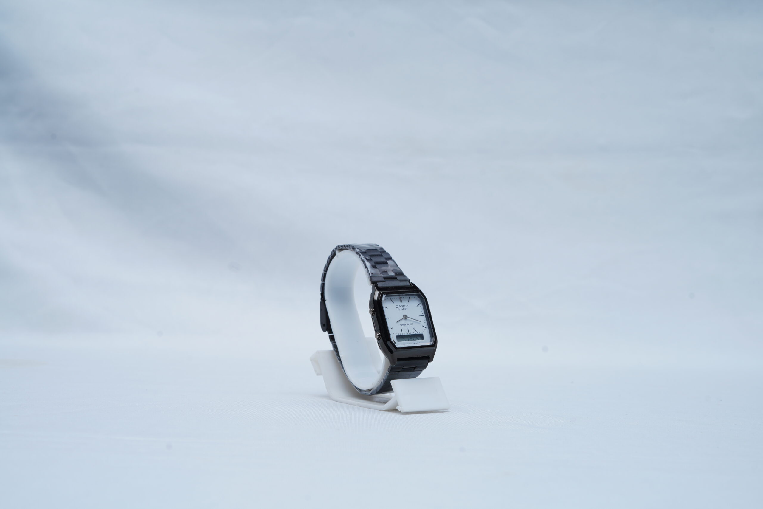 Casio Vintage Ana-Digi Square Watch - Black Metal Band with Minimalist White Dial