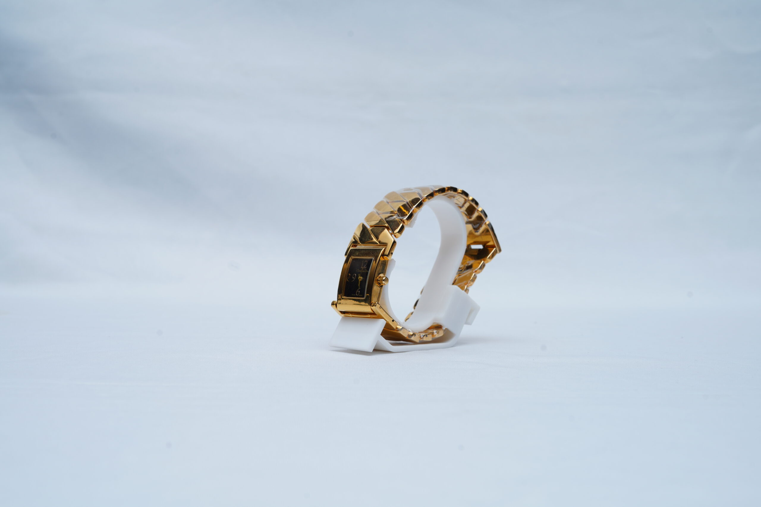 Vintage Christian Dior Diorific Square Watch - Gold Chevron Bracelet with Black Dial