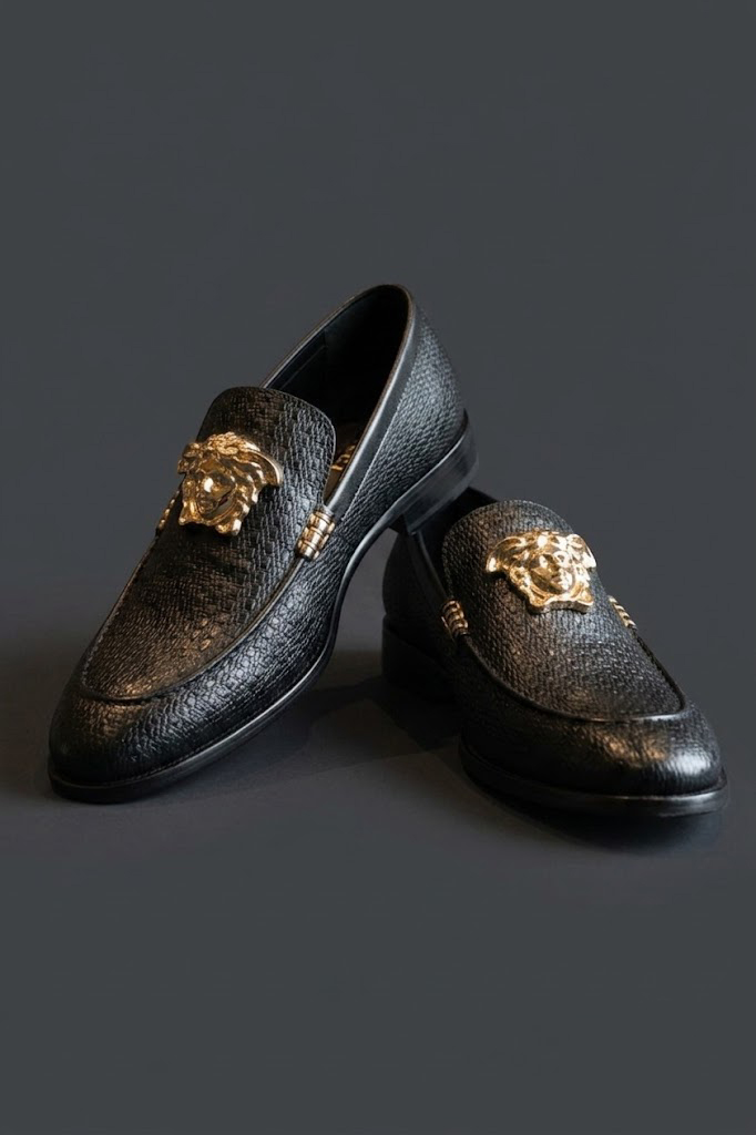 Versace Men's Black Textured Leather Driver Shoes