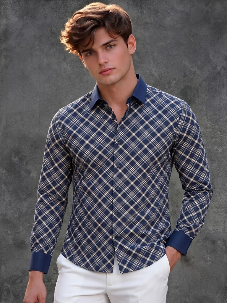 Burberry Men's Navy Blue Checkered Casual Shirt