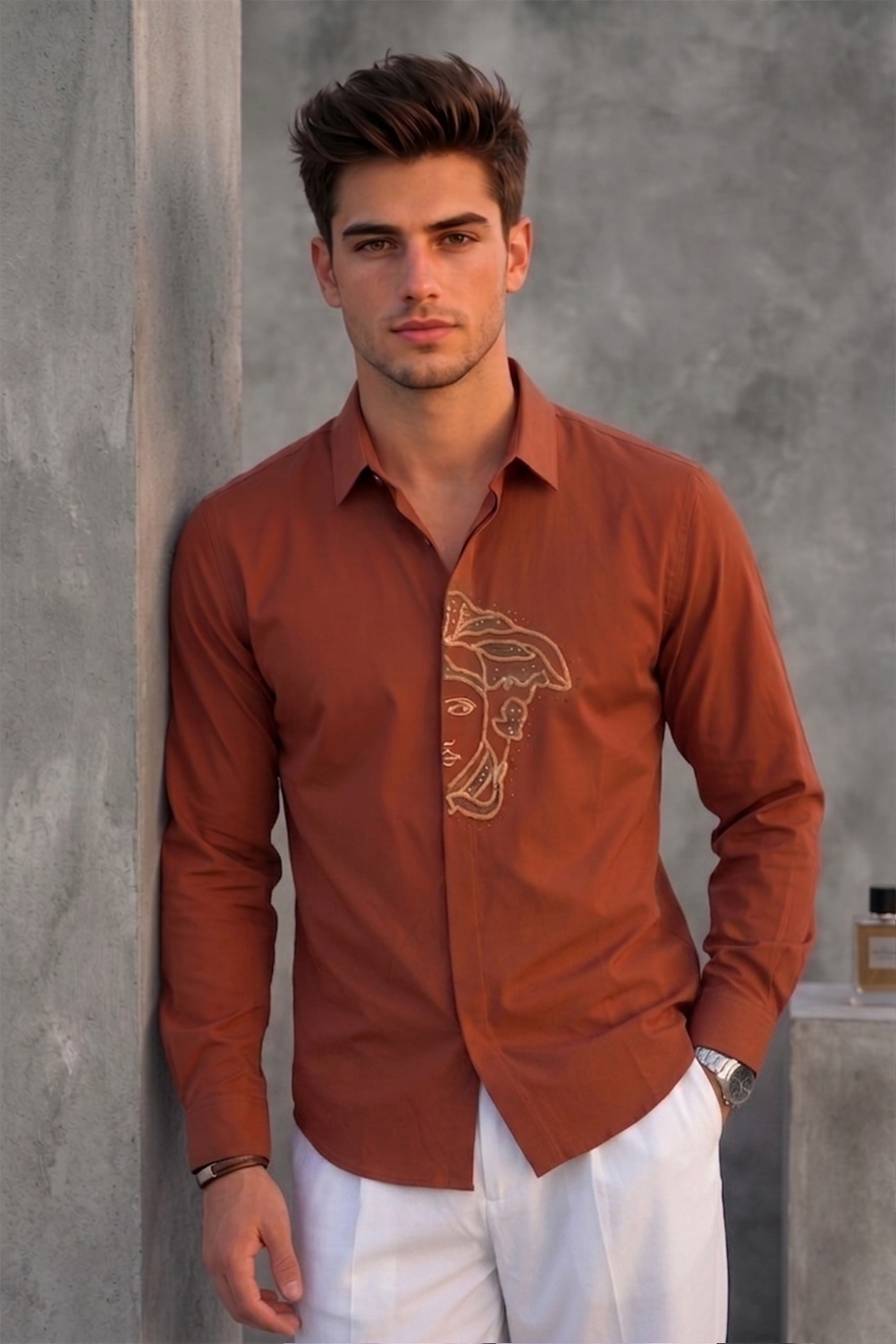 Versace Men's Burnt Orange Designer Shirt