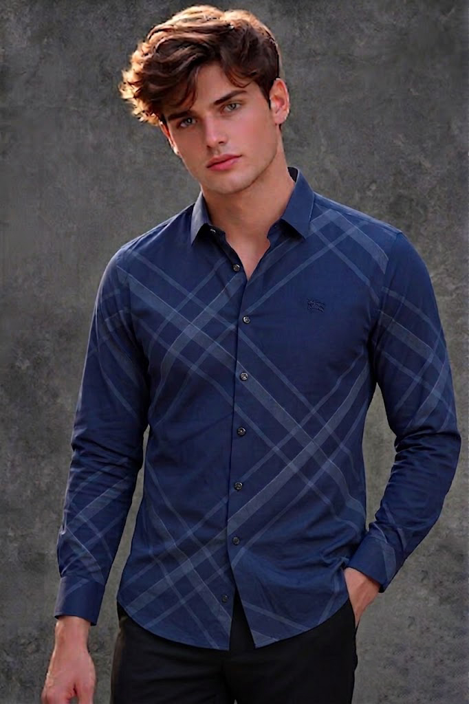 Burberry Men's Navy Checkered Casual Shirt