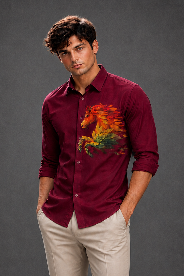 Lusso Milano Men's Fiery Stallion Motif Party Shirt - Wine Burgundy