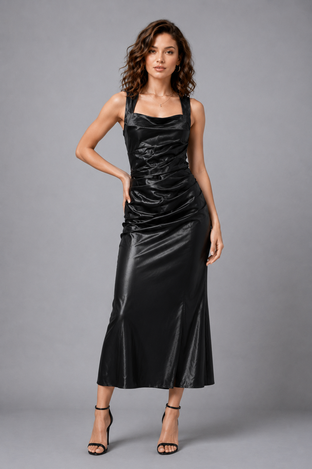 Black Satin Cowl Neck Ruched Midi Cocktail Dress with Mermaid Hem