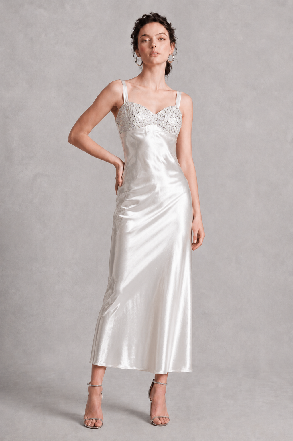 White Satin Embellished Bust Sweetheart Neck Maxi Slip Dress