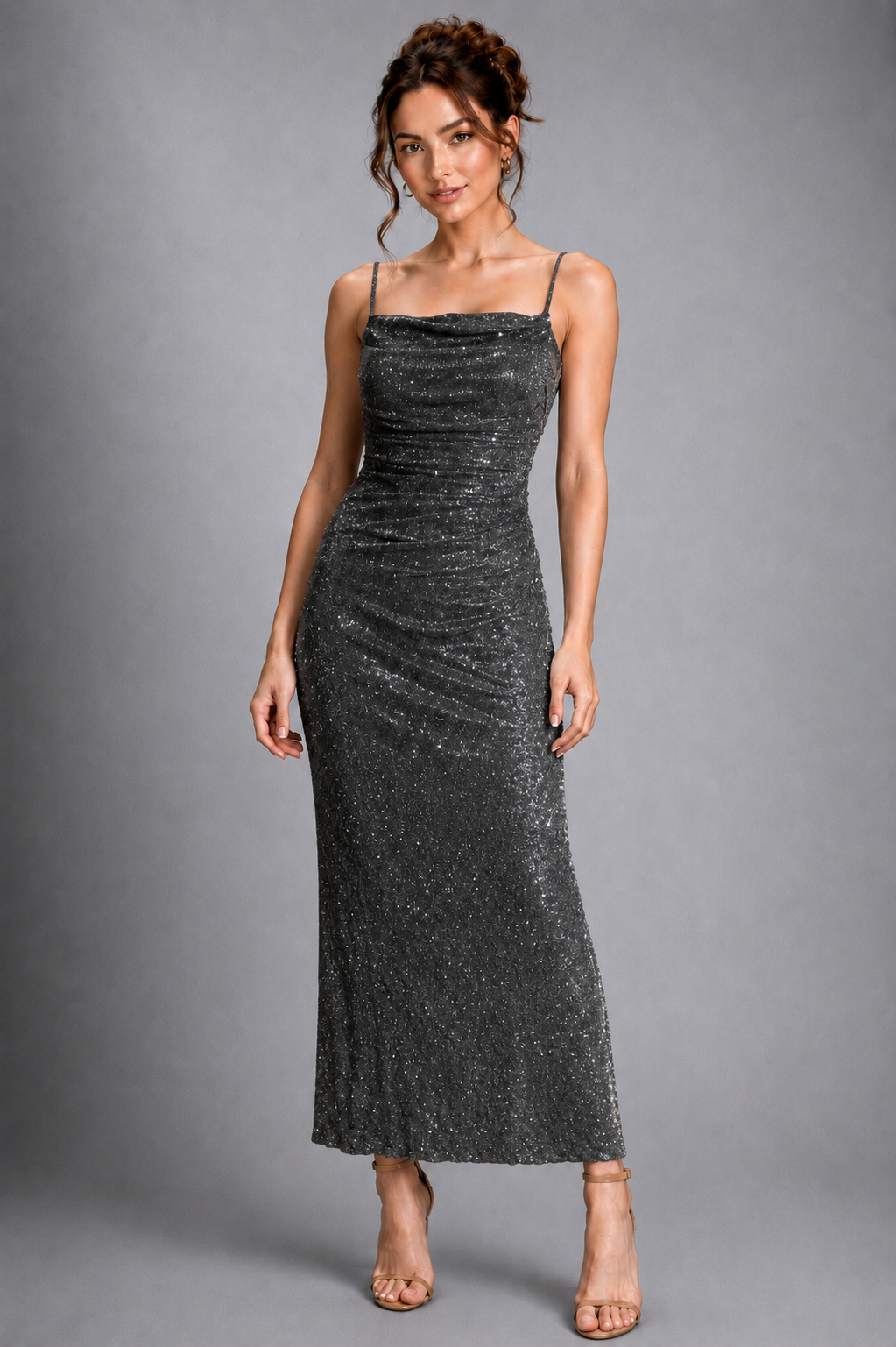Charcoal Grey Glitter Cowl Neck Ruched Bodycon Maxi Dress